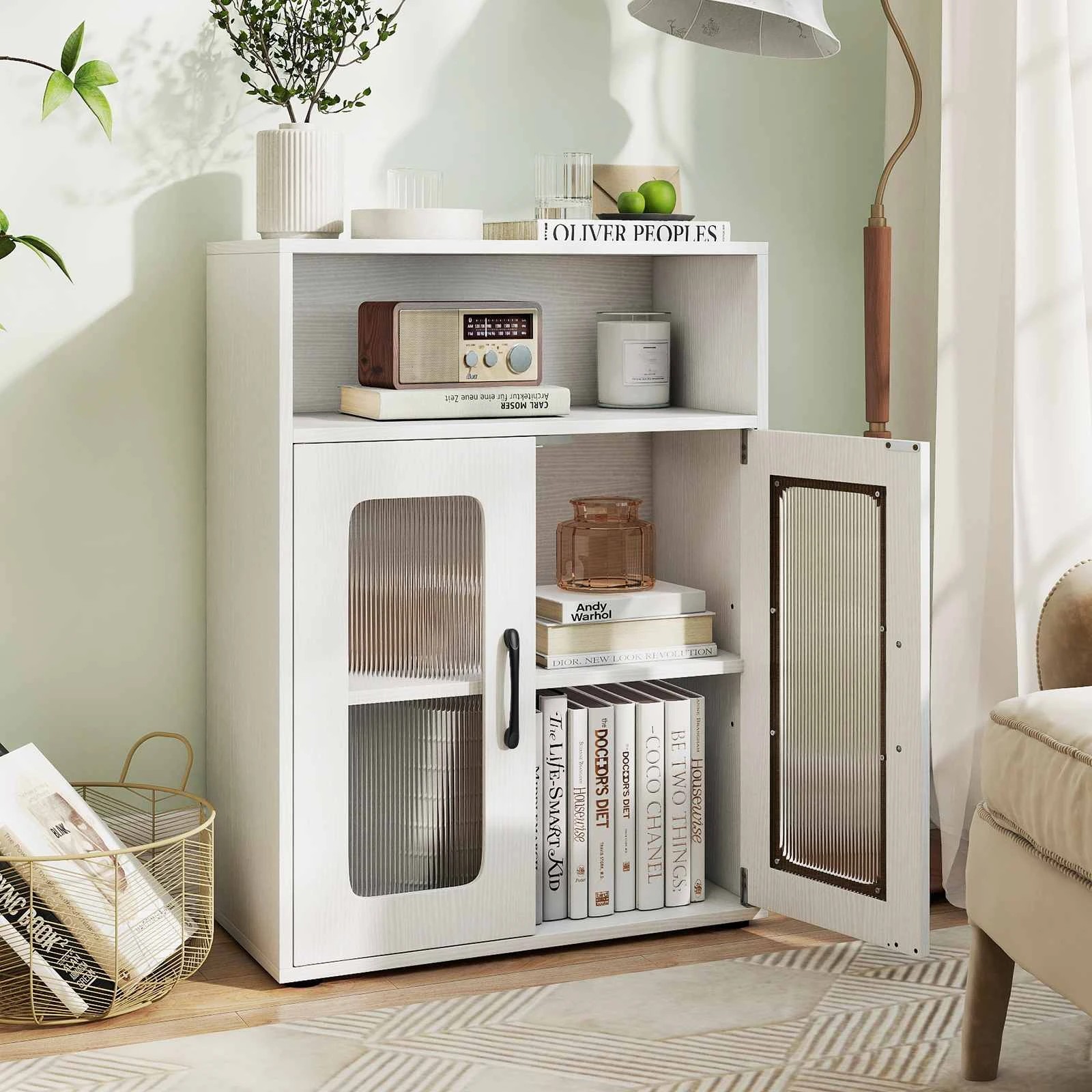 4 Costway 83cm Bathroom Storage Cabinet w/2 See-through Doors Freestanding Organizer Unit, 4 of 5