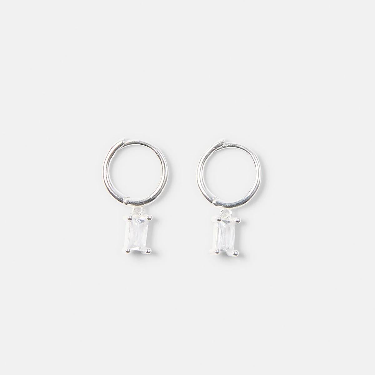 1 Sterling Silver Huggie Rectangle Stone Drop Earrings Silver, 1 of 4