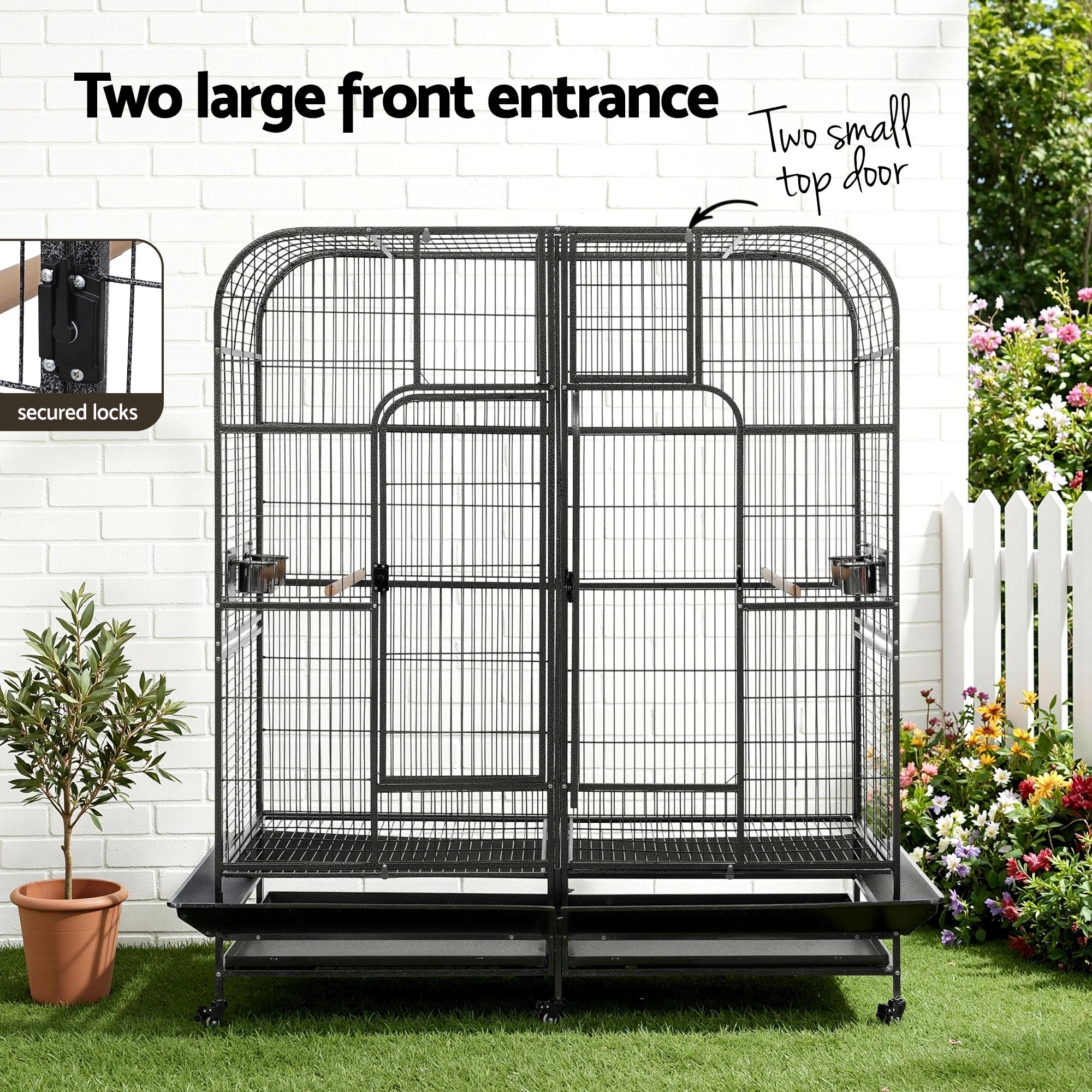 4 i.Pet Bird Cage Extra Large Aviary 185cm Pet Parrot Cage Castor Wheel Removable Divider - Black, 4 of 6