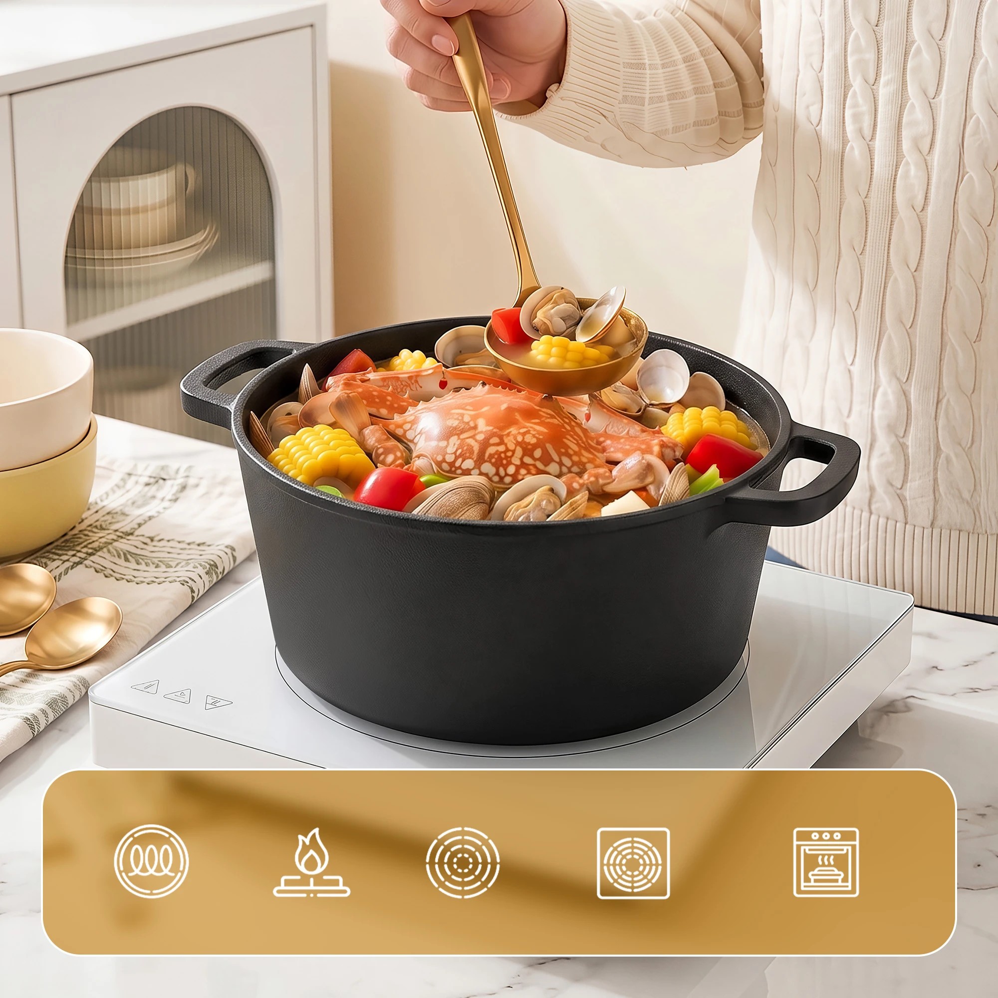 5 5-Star Chef 5L 2-In-1 Pre-Seasoned Cast Iron Dutch Oven Pot with Lid and Dual Handles - Black, 5 of 9