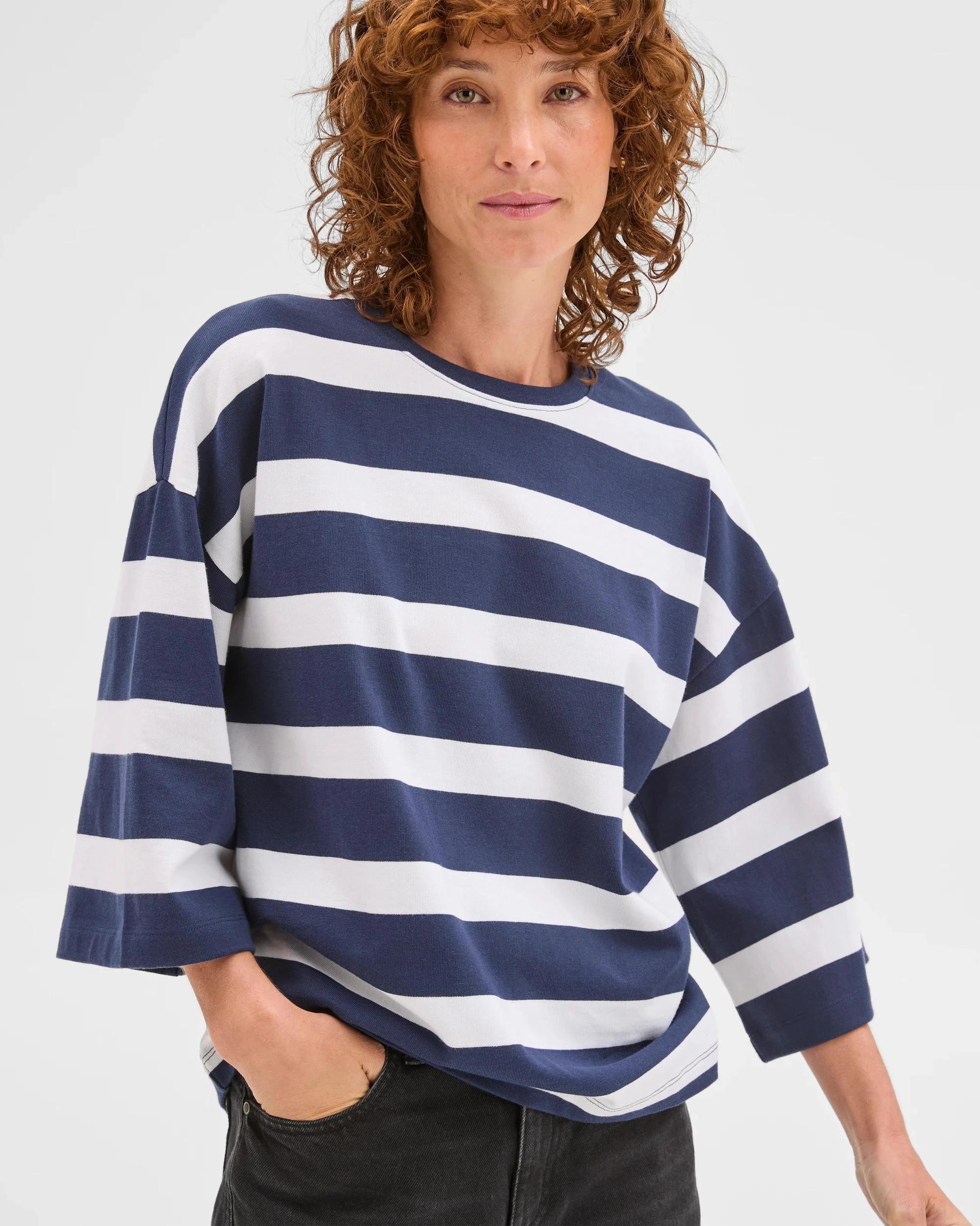3 Target Woman Australian Cotton 3/4 Length Wide Sleeve Boxy T-Shirt NAVY + WHITE, 3 of 7