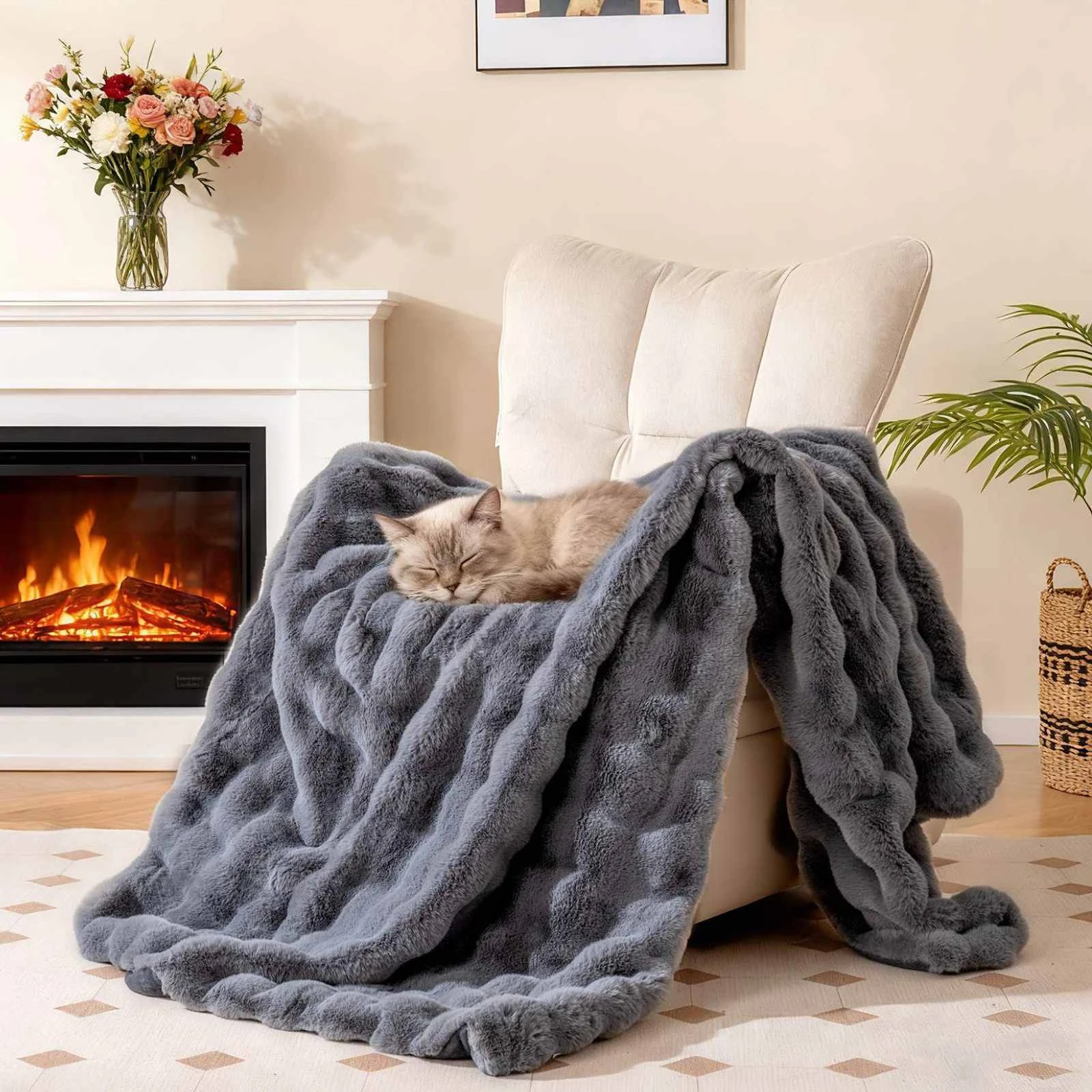 3 ostway Bubble Faux Rabbit Fur Throw Blanket Reversible Soft Plush Sofa Bed Blanket - Grey, 3 of 4