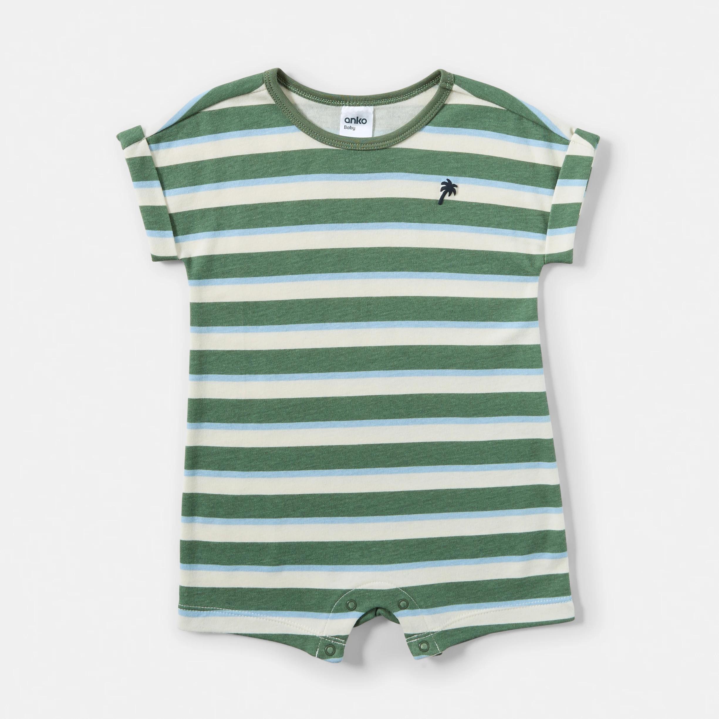 1 Short Sleeve Print Romper GREEN STRIPE, 1 of 3