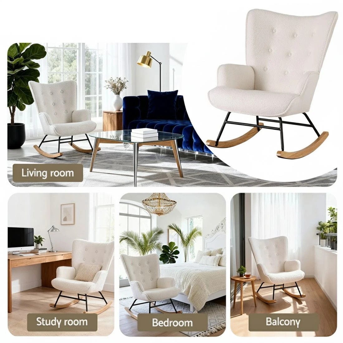 6 Artiss Rocking Chair Armchair Nursing Boucle Fabric - White, 6 of 6