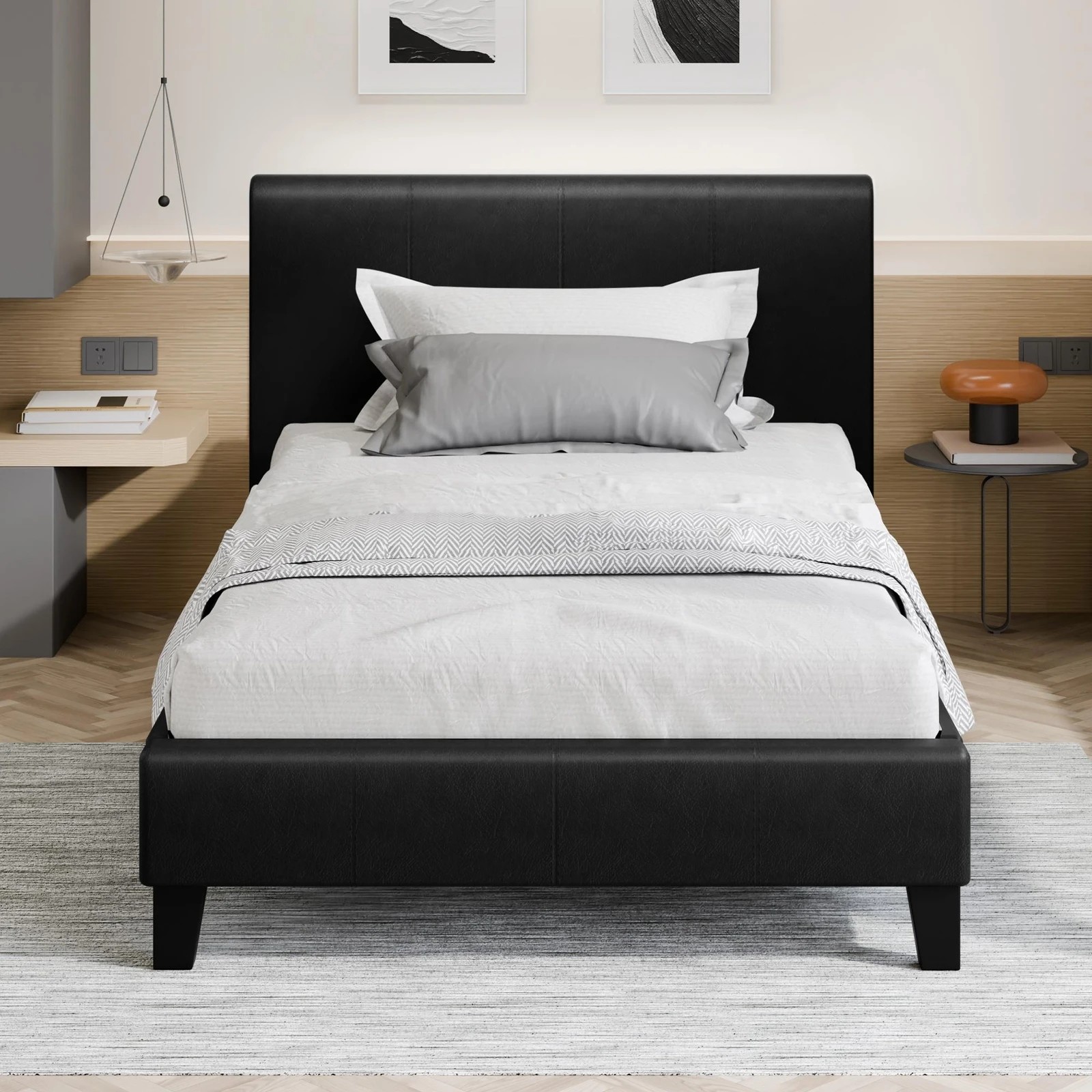 8 Alfordson Bed Frame Single Size Mattress Base Wooden Platform Leather - Black, 8 of 10