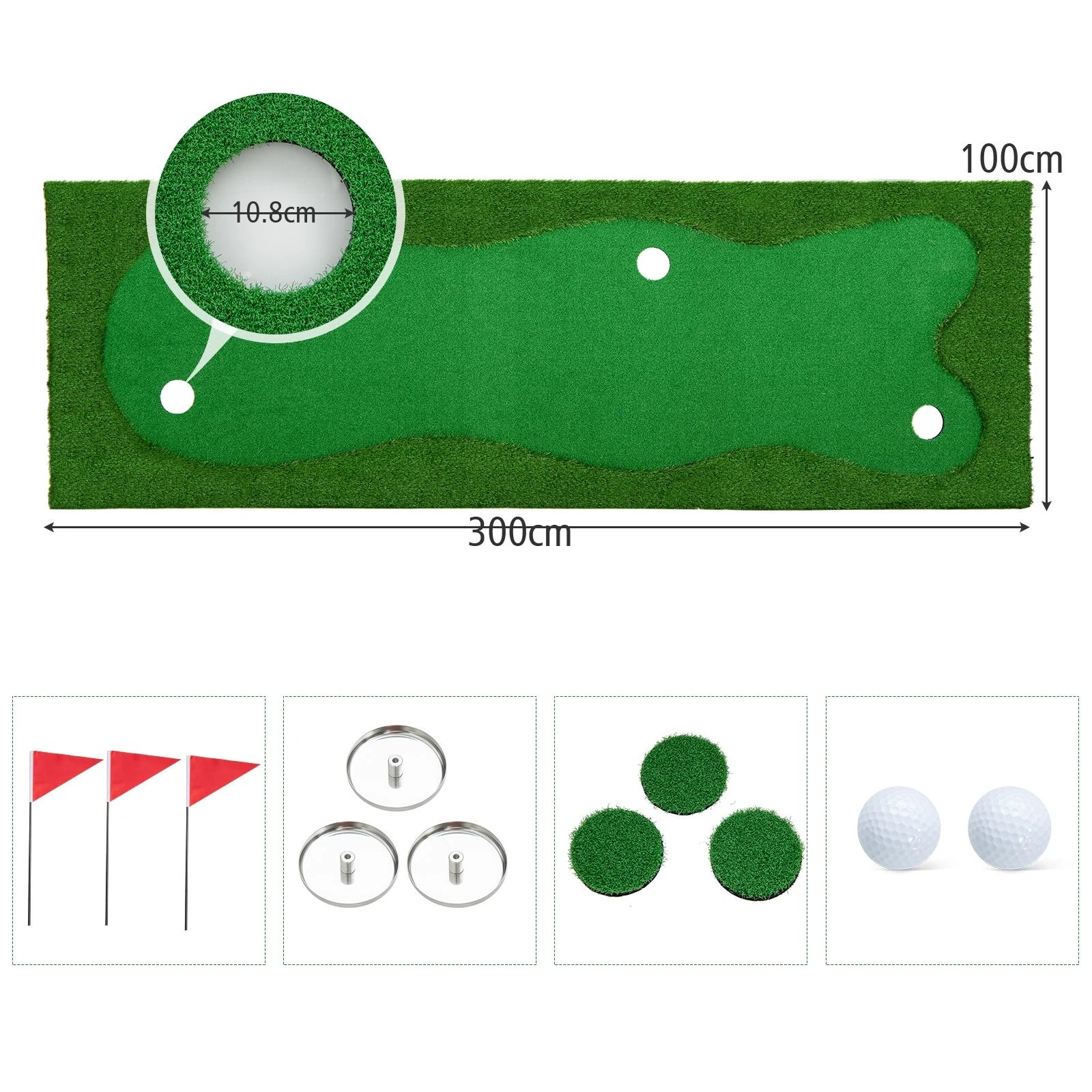 2 Costway 3m Golf Putting Green Mat Golf Practice Training Pad w/3 Holes/Flags/Cups & 2 Balls, 2 of 2