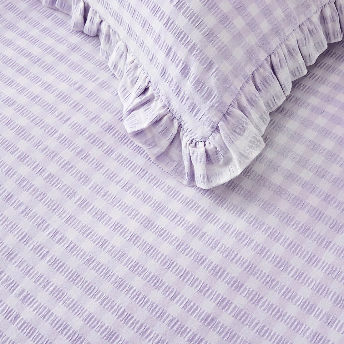 3 Gingham Ruffle Cotton Quilt Cover Set - Queen Bed, Lilac, 3 of 6