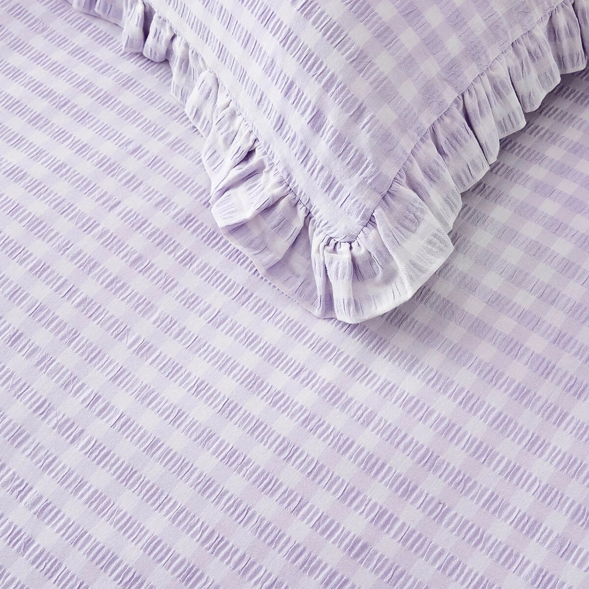 3 Gingham Ruffle Cotton Quilt Cover Set - Queen Bed, Lilac, 3 of 6