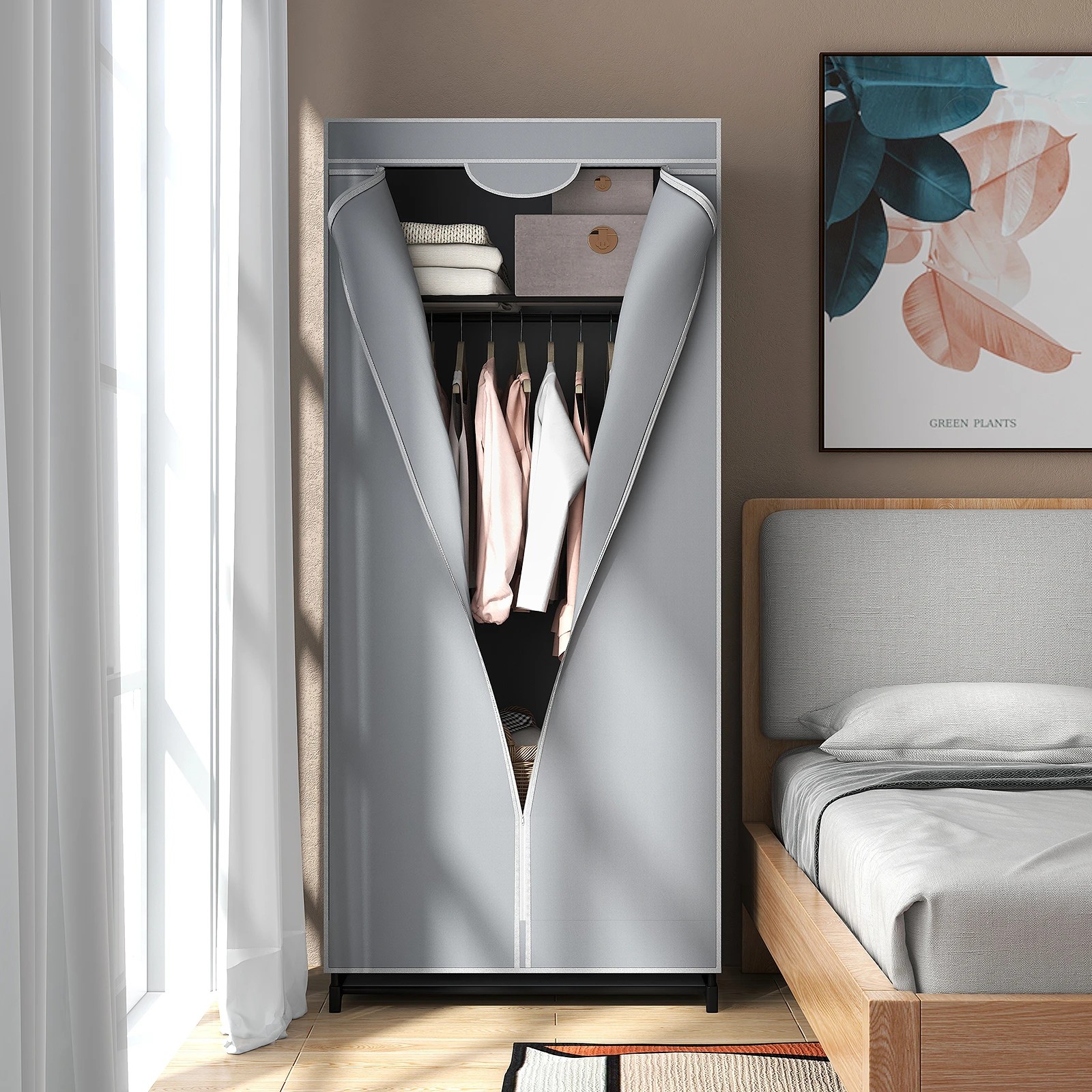 2 Costway Fabric Wardrobe Folding Garment Cabinet Clothes - Grey, 2 of 8