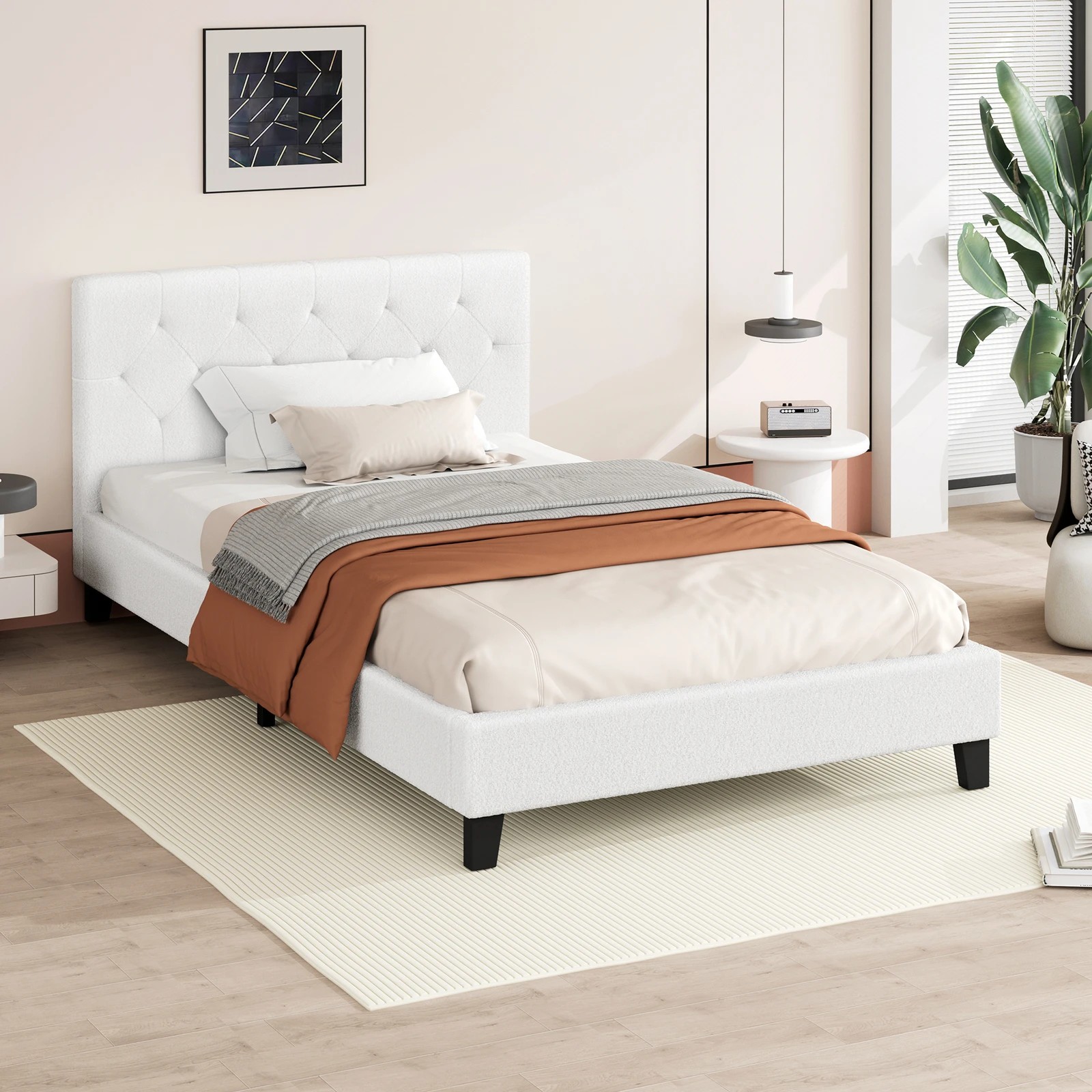 9 Alfordson Bed Frame Single Size Wooden Base Platform Boucle Madelyn - White, 9 of 10