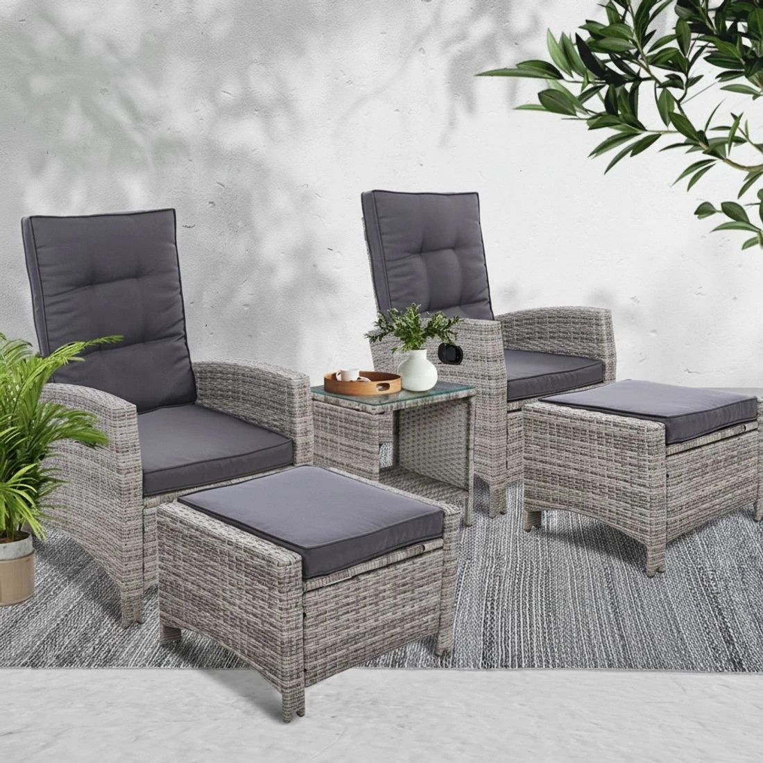6 Gardeon 5PC Recliner Chairs Table Sun lounge Wicker Outdoor Furniture Adjustable - Grey, 6 of 6