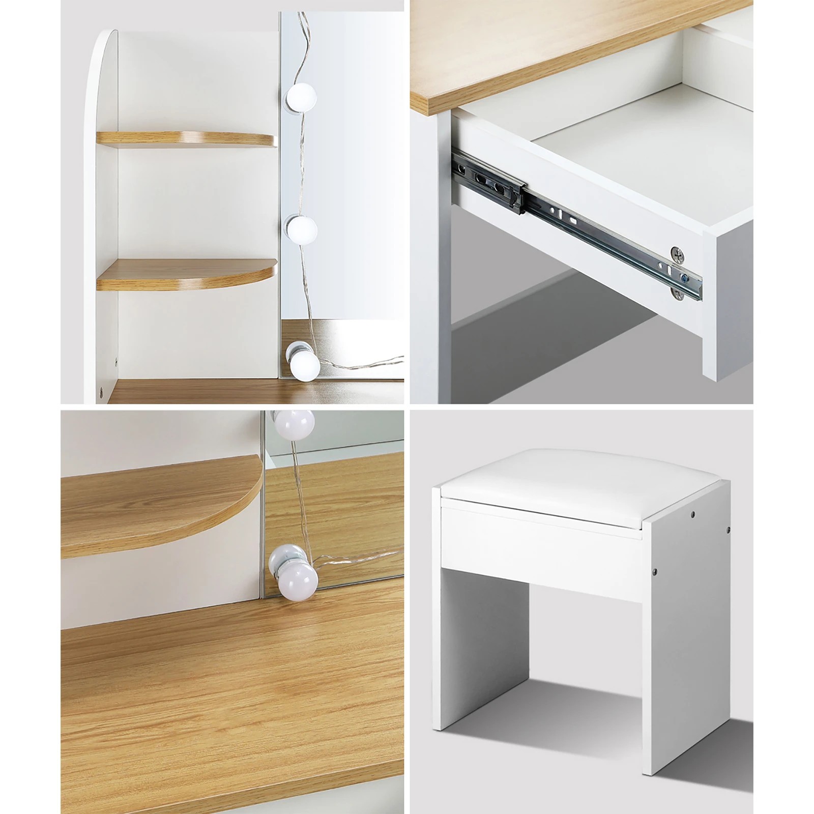 4 Oikiture Dressing Table Stool Set Makeup Mirror Storage Drawer 10led Bulbs
 - White, 4 of 9