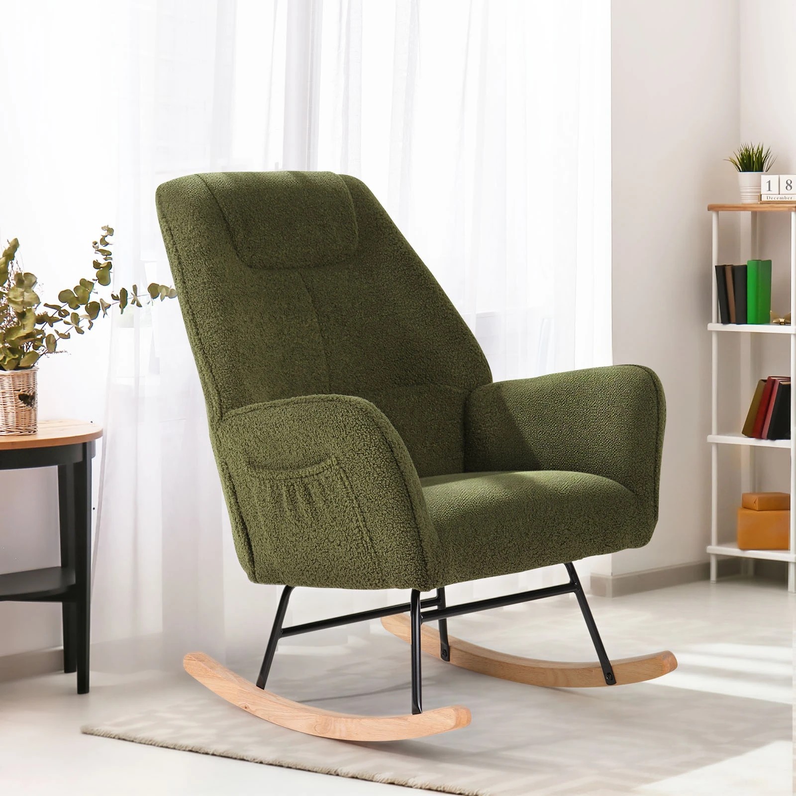 3 Oikiture Rocking Chair Nursing Armchair Sherpa Accent Chairs Upholstered - Green, 3 of 10