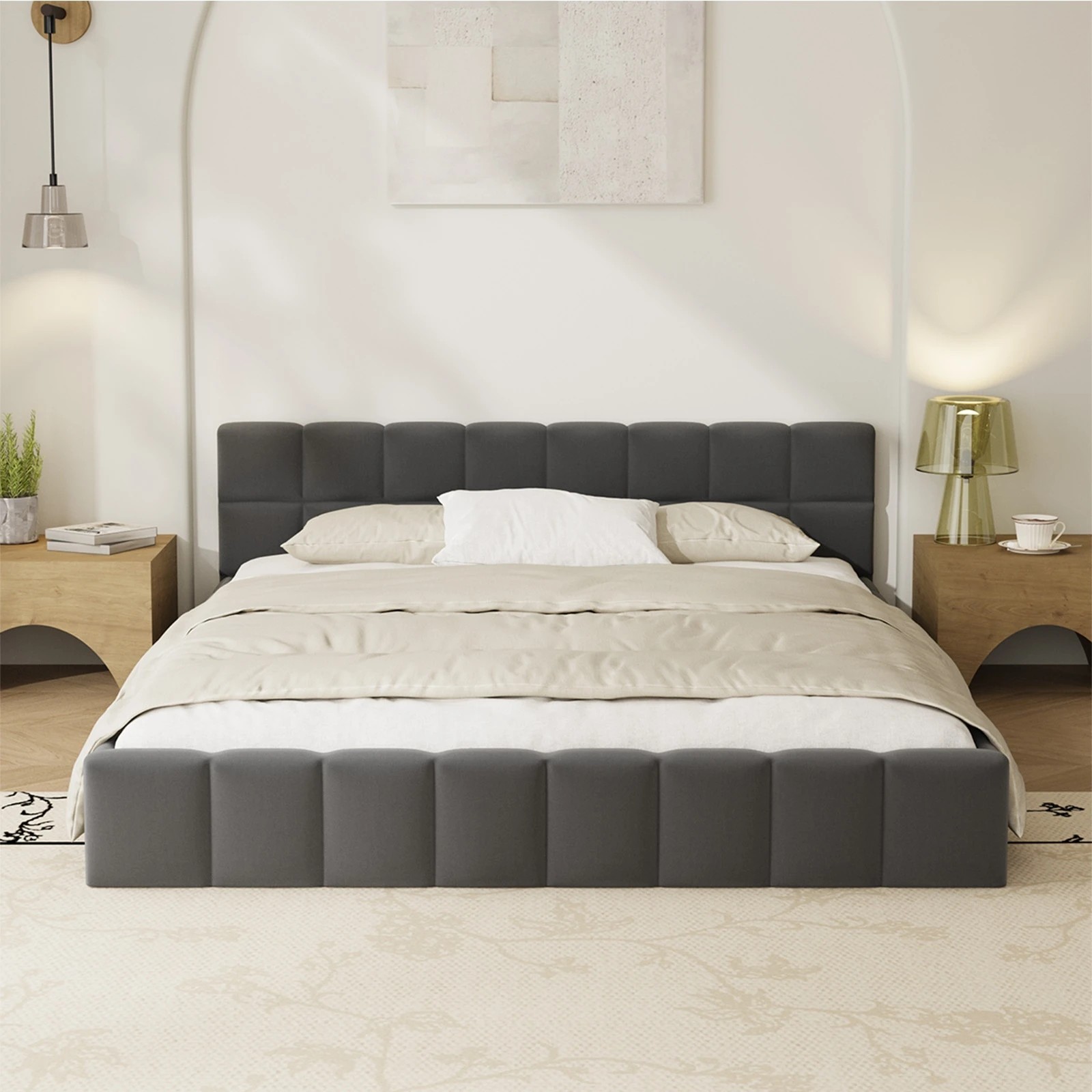 4 Oikiture Bed Frame Queen Size Tufted Headboard Velvet - Grey, 4 of 7