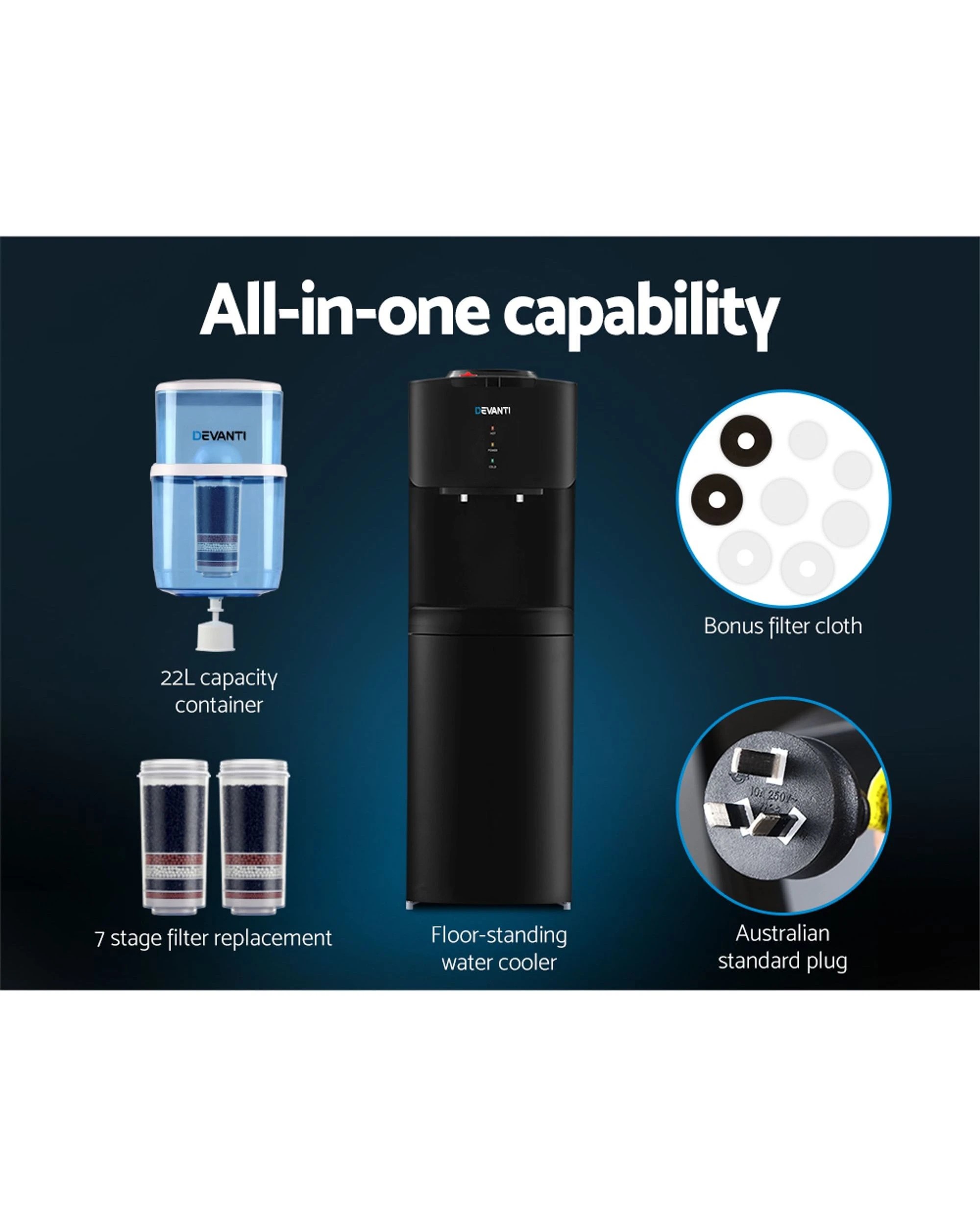 3 Devanti Water Cooler Dispenser Stand 22l Bottle Black W/2 Filter
 - Black, 3 of 3