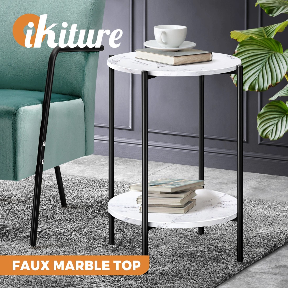 2 Oikiture Side End Table Coffee Sofa Bedside Nightstand Marble-like Round
 - Multi, 2 of 10