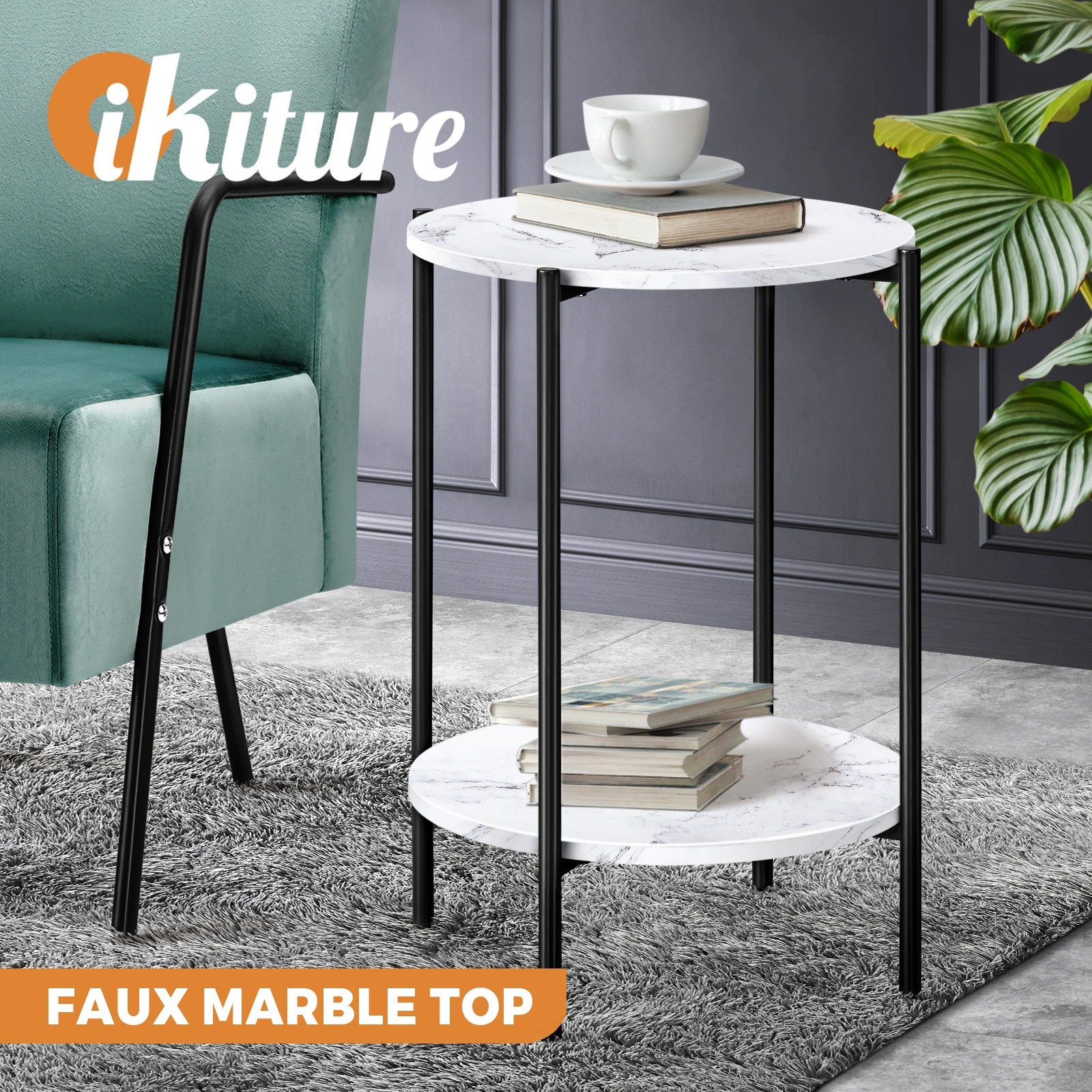2 Oikiture Side End Table Coffee Sofa Bedside Nightstand Marble-like Round
 - Multi, 2 of 10