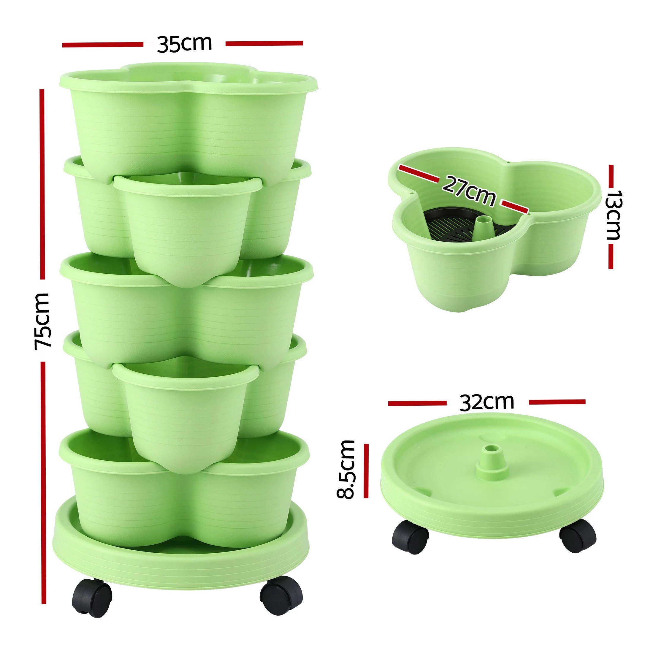 2 Green Fingers 5 Tier Vertical Garden Planter Movable Stackable Strawberry Pots with Wheels - Green, 2 of 4