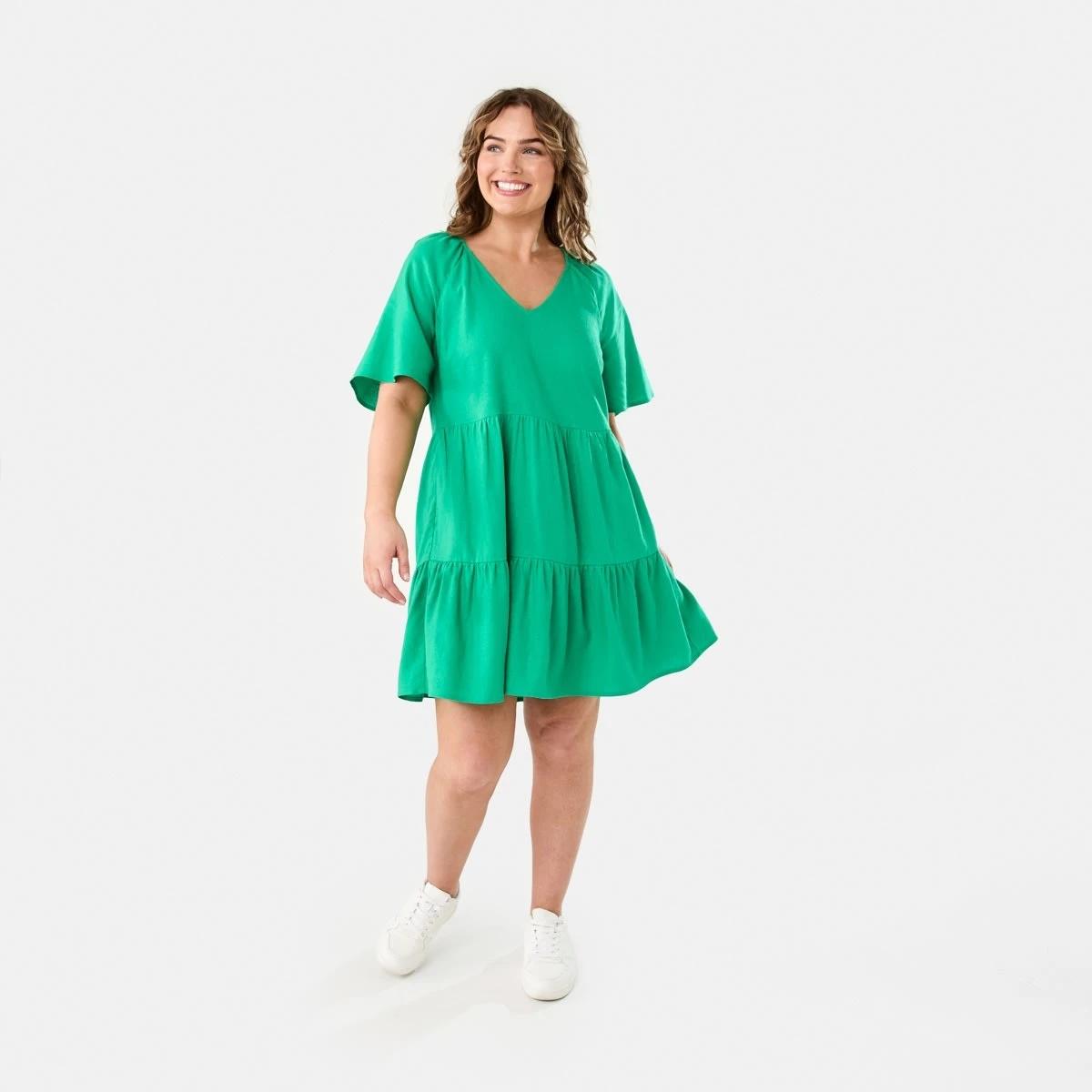 10 Short Sleeve Linen Blend Tiered Mini Dress SIMPLY GREEN, 10 of 10