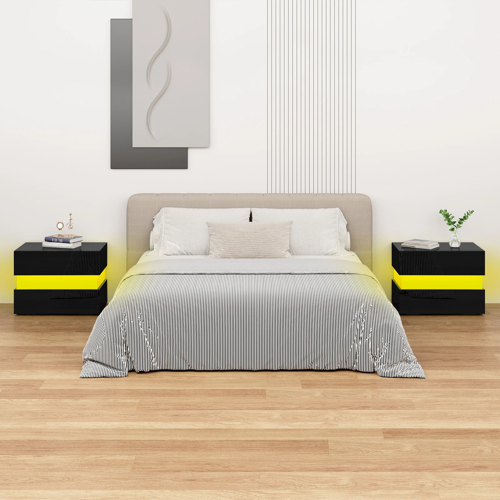 3 Alfordson Bedside Table RGB LED Nightstand 2 Drawers 4 Side High Gloss - Black, 3 of 10