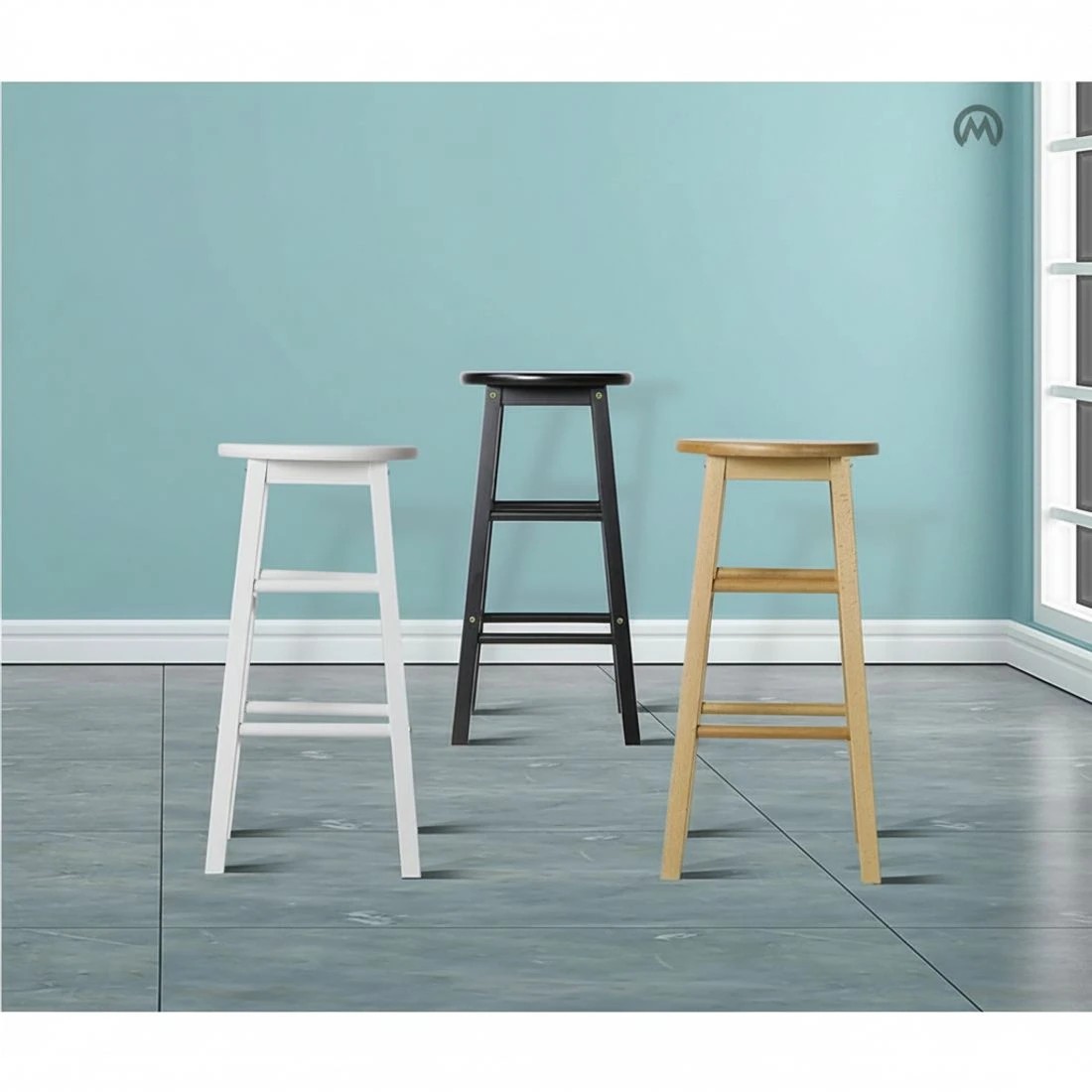 7 Artiss Set of 2 Wooden Bar Stools Round Seat Sturdy Durable Stable Footrest Comfortable Kitchen Counter Chairs - black, 7 of 8