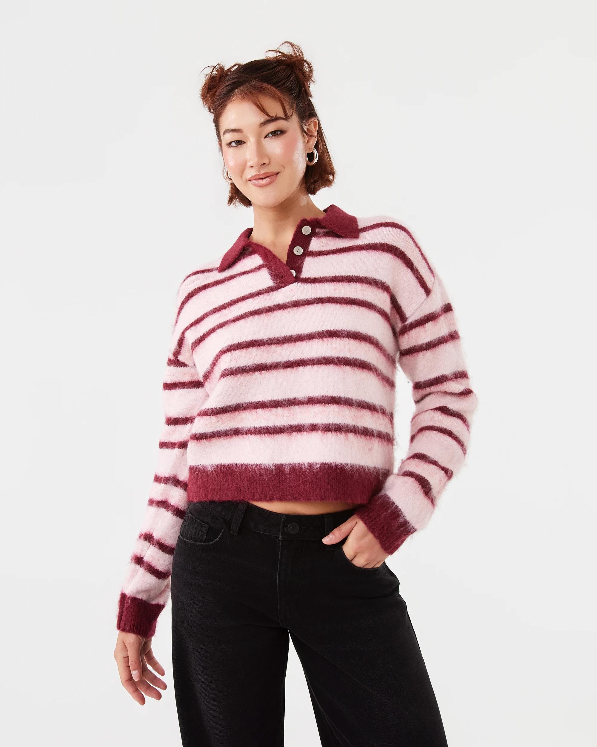 1 Long Sleeve Fluffy Polo Jumper Pnk Stripe, 1 of 8