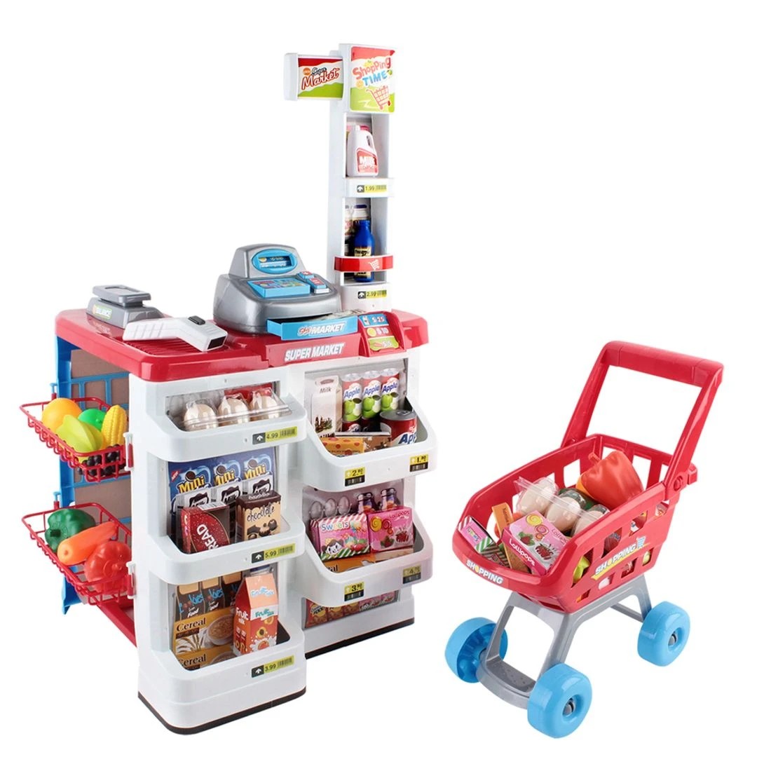 1 Keezi Kids Pretend Role Play Supermarket 24 Piece Playset Cash Register Trolley - Multi, 1 of 6