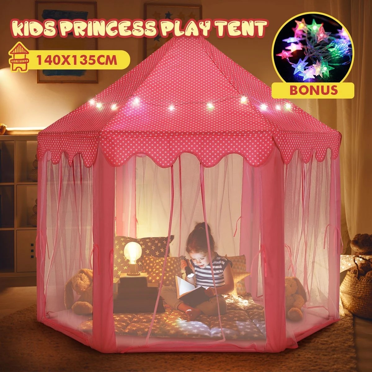 2 AUSWAY Kids Princess Castle Play Tent Hexagonal Play House, 2 of 10