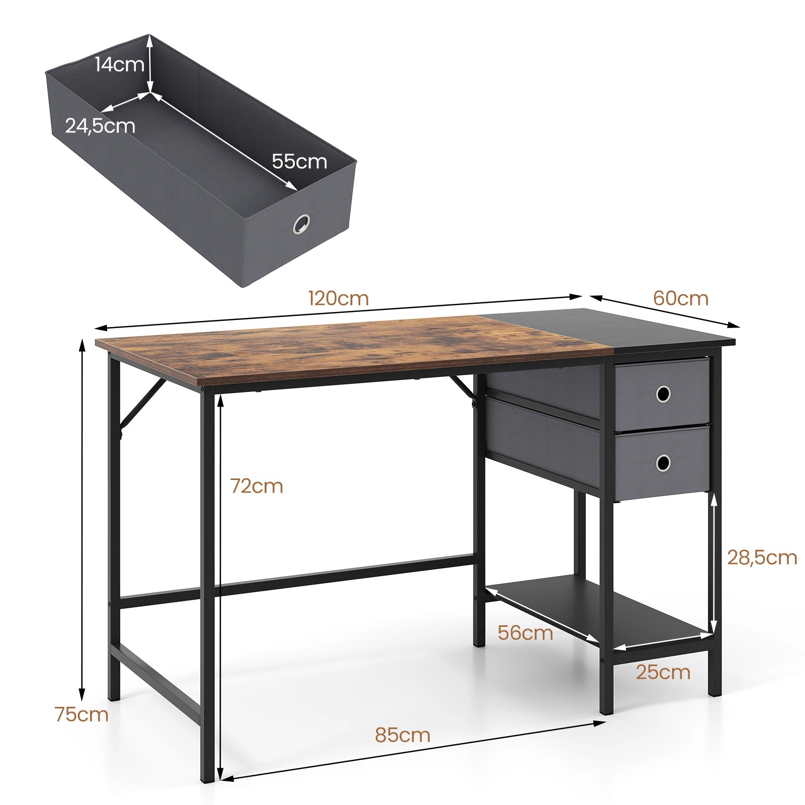 Costway 120cm Computer Desk w/Removable Drawers Study Workstation - Kmart