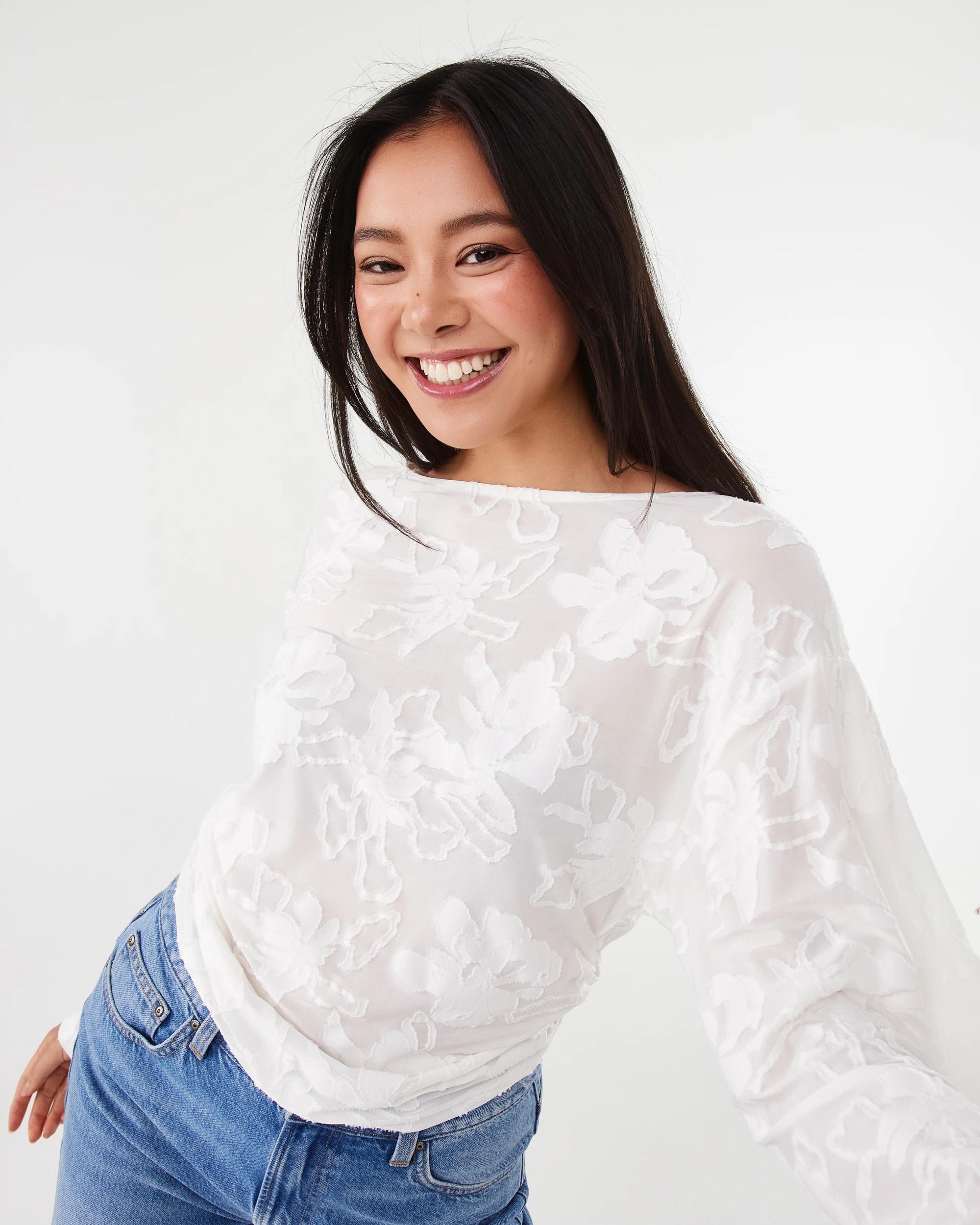 5 Long Sleeve Jacquard Top Cld White, 5 of 7