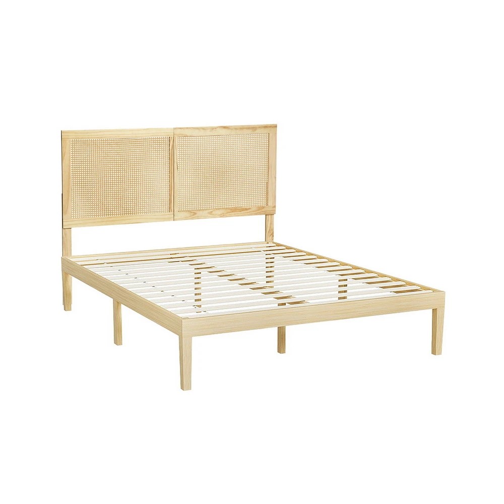2 Artiss Bed Frame Queen Size with Rattan Headboard Wooden Bed Base BRUNO - Multi, 2 of 7