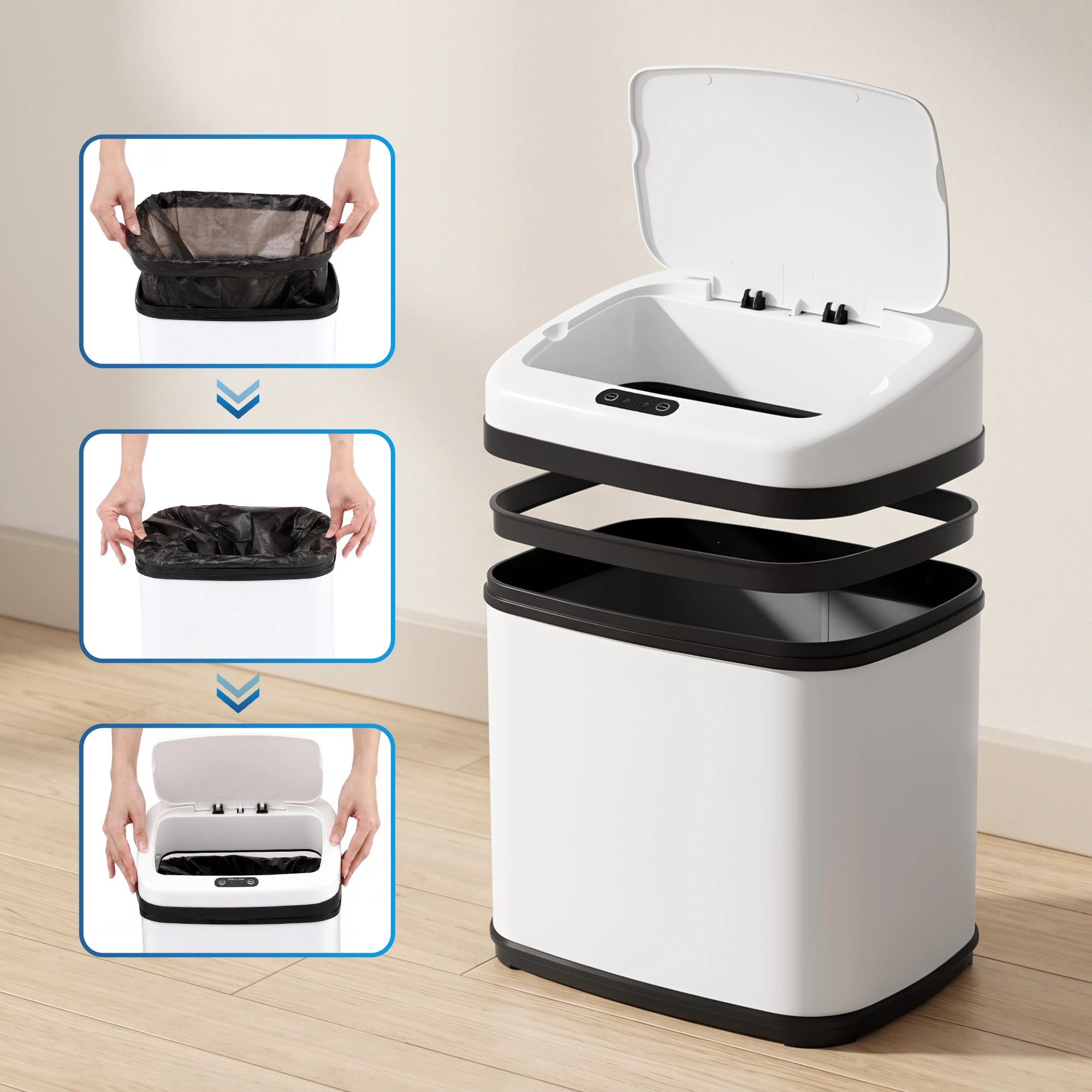 6 Devanti 15L Motion Sensor Bin Touchless Bins Soft-Close Rubbish Trash Can - White, 6 of 9