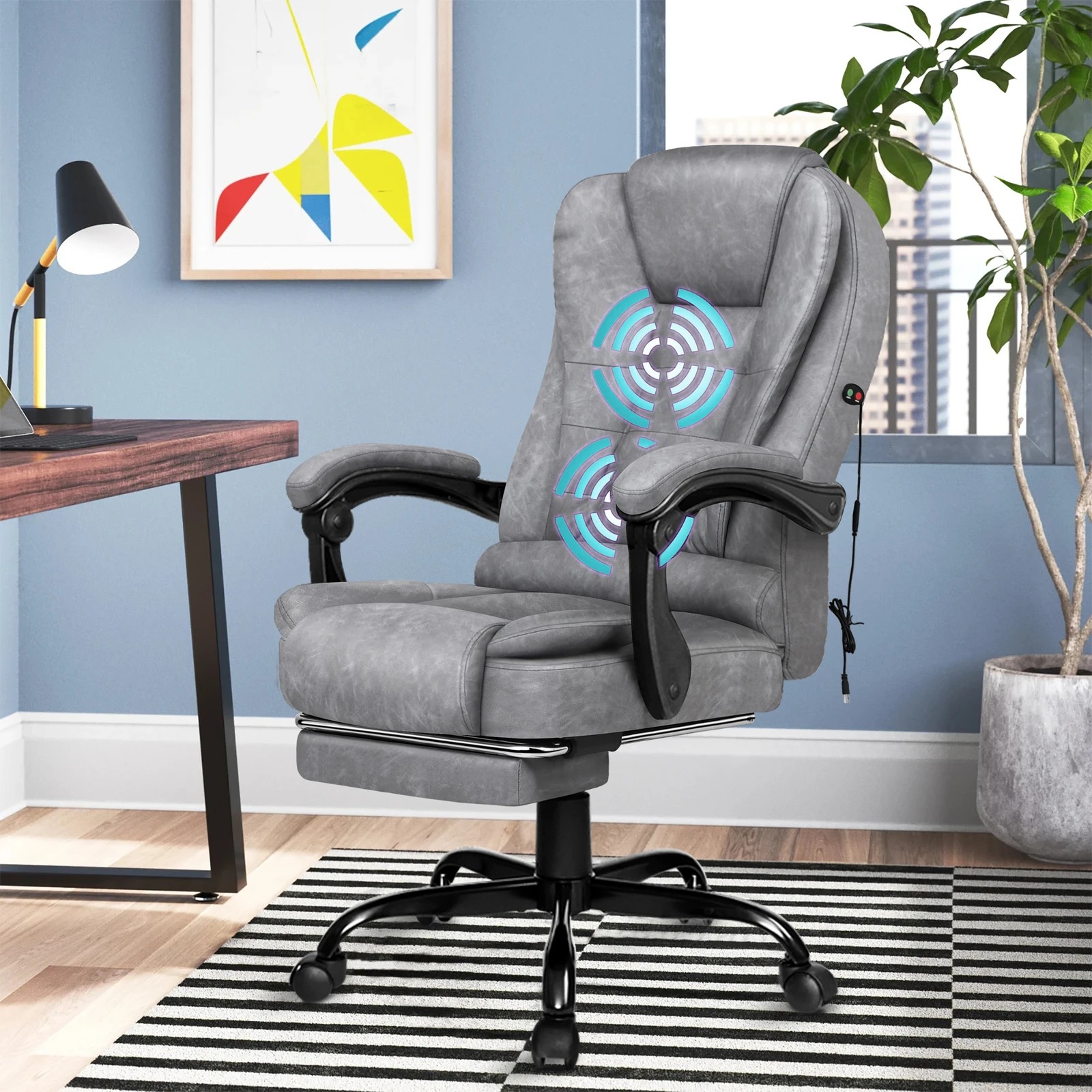 2 Alfordson Massage Office Chair Vintage Grey Leather Footrest Executive Race Seat - Grey, 2 of 10