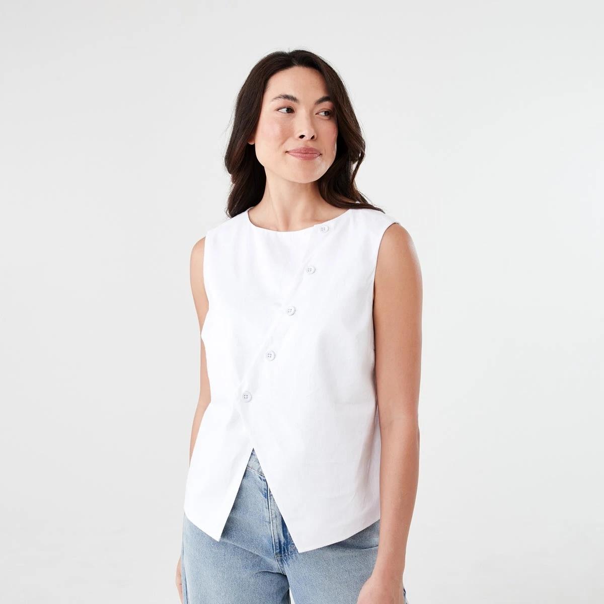 1 Sleeveless Asymmetrical Button Through Vest WHITE, 1 of 7
