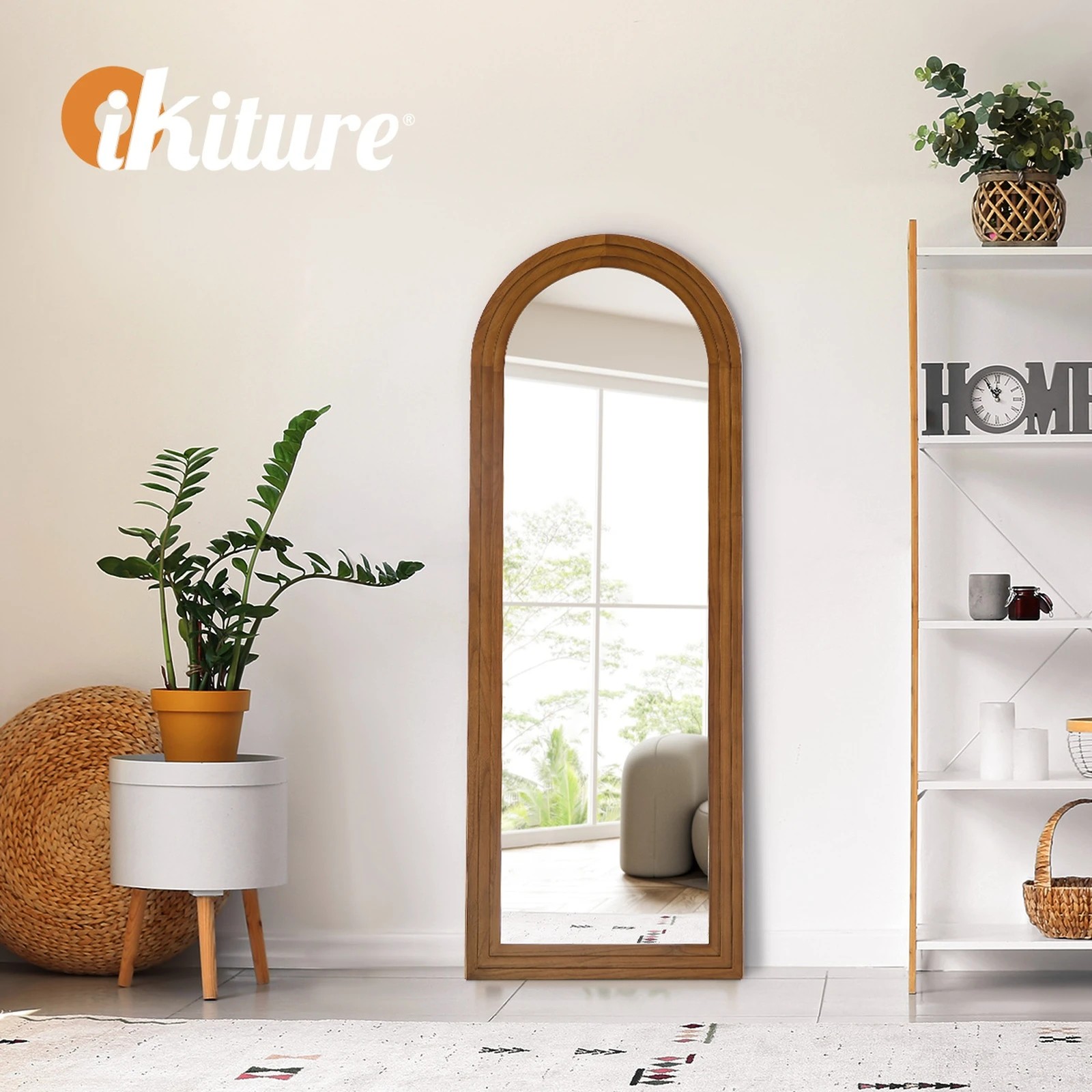 7 Oikiture Full Length Arch Mirror 165x60cm Wood Wall Mounted Home Decor - Brown, 7 of 10