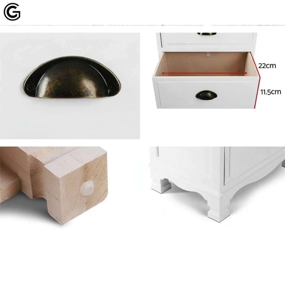 5 Artiss Bedside Table 3 Drawers Vintage - THYME - White, 5 of 5