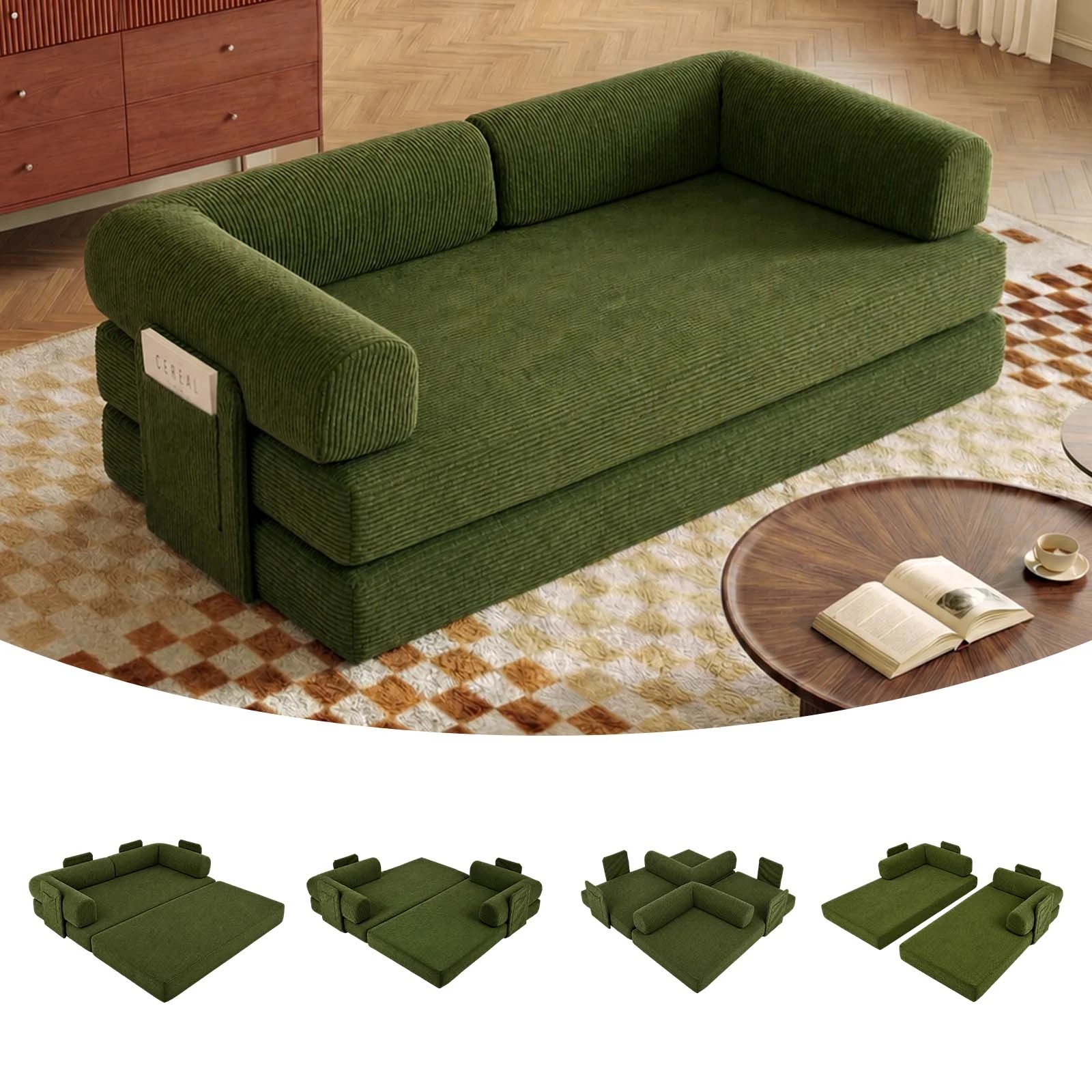 3 Advwin Folding Sofa Bed 5 in 1 Convertible Floor Loveseat Couch with L Shaped Armrests and Pockets - Green, 3 of 7