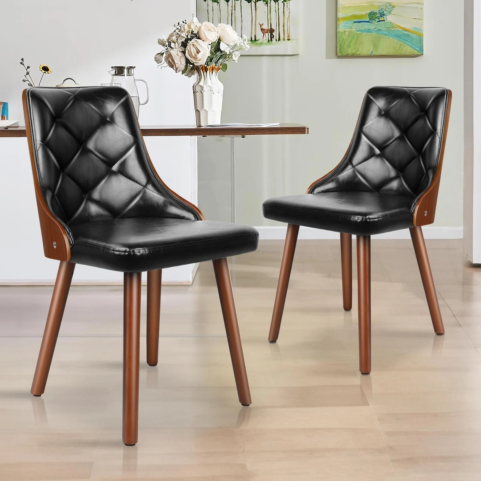 2 Alfordson 2x Dining Chairs Kitchen Lounge Padded Tufted Glossy PU Leather - Black, 2 of 10
