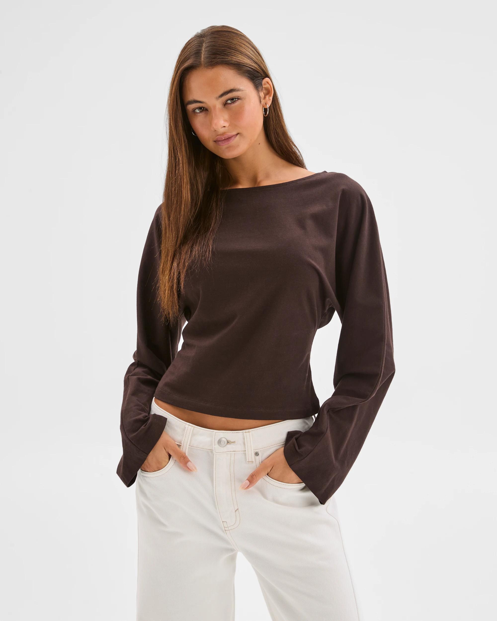 1 Lily Loves Australian Cotton Cinch In Long Sleeve Top TRUFFLE, 1 of 7
