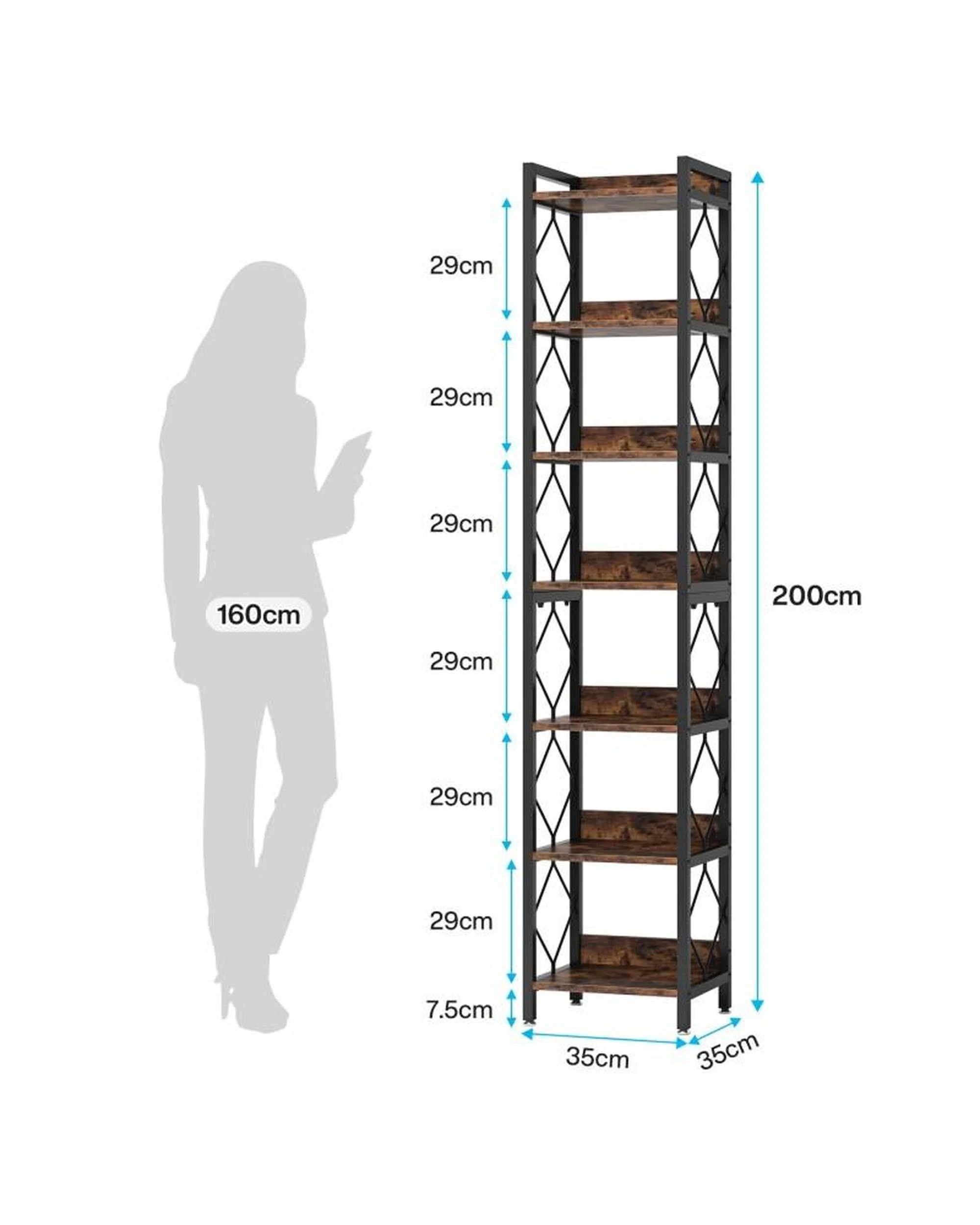 5 OAKORY 7-Tier Corner Shelf, 200cm Tall Bookcase with Sturdy Metal Frame & Open Shelf  Freestanding, 5 of 7