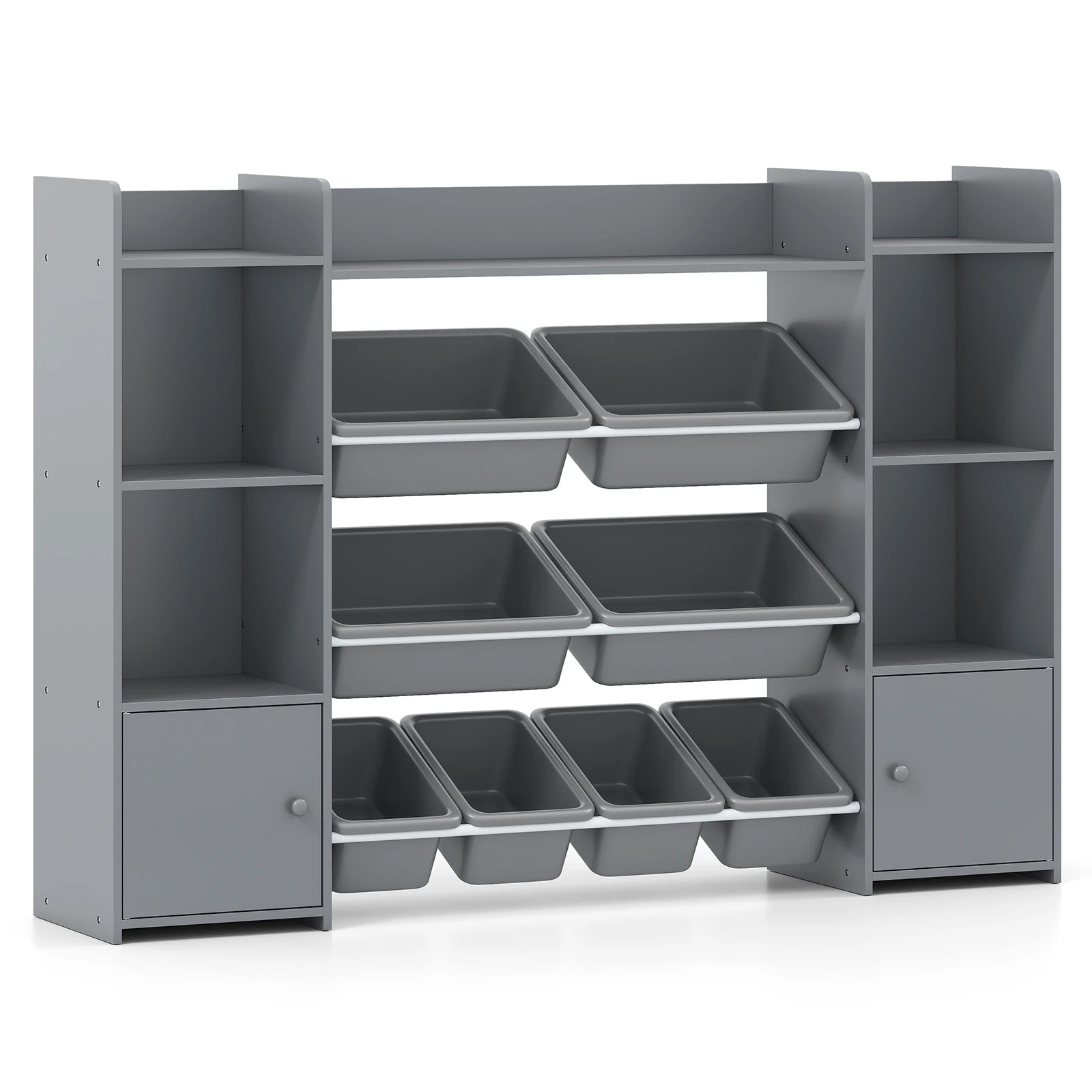 1 Costway Toy Storage Organiser Bookcase Toy Display Shelf w/& Plastic Bins - Grey, 1 of 4