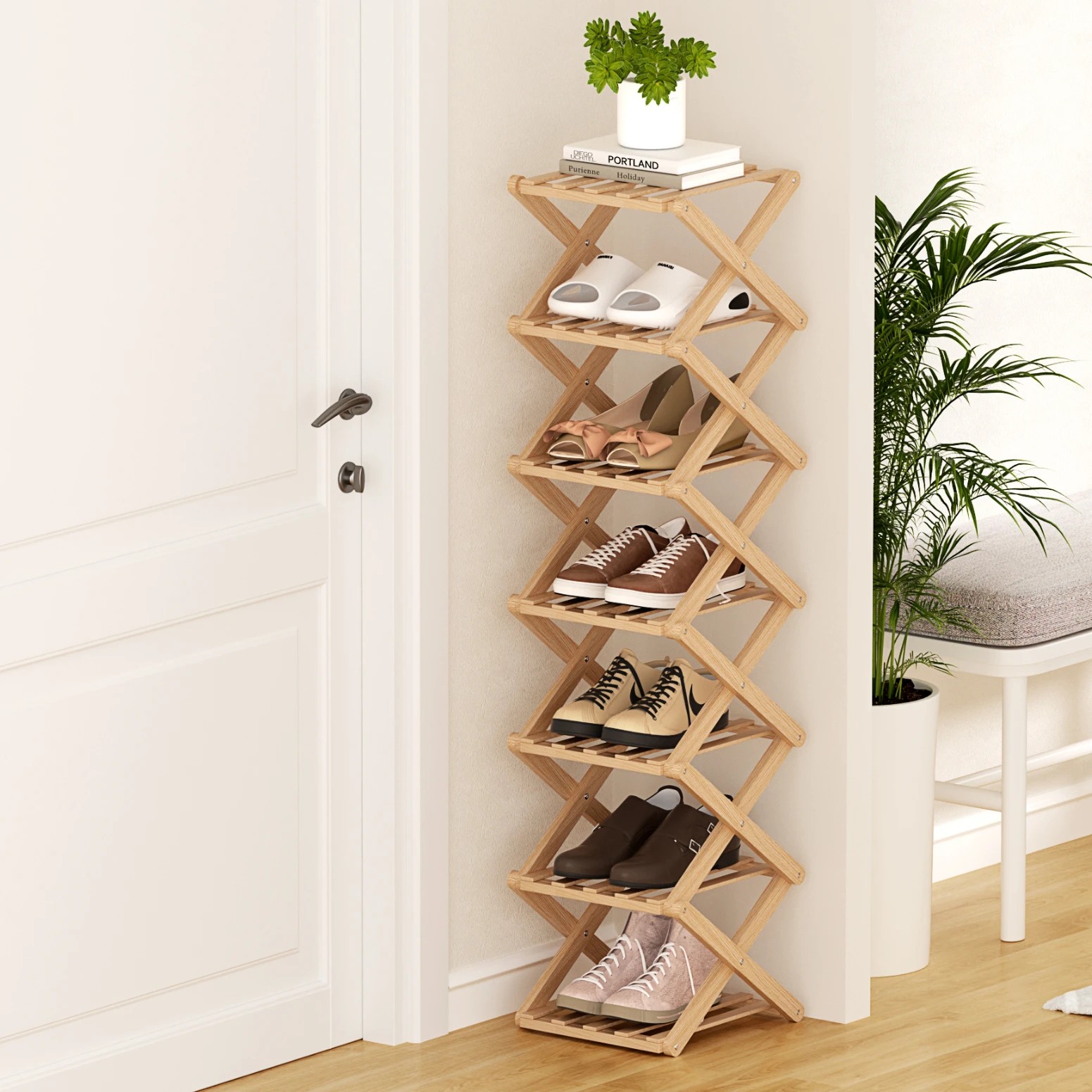 8 Artiss 7 Tier Bamboo Foldable Shoe Rack Organizer - Natural, 8 of 9