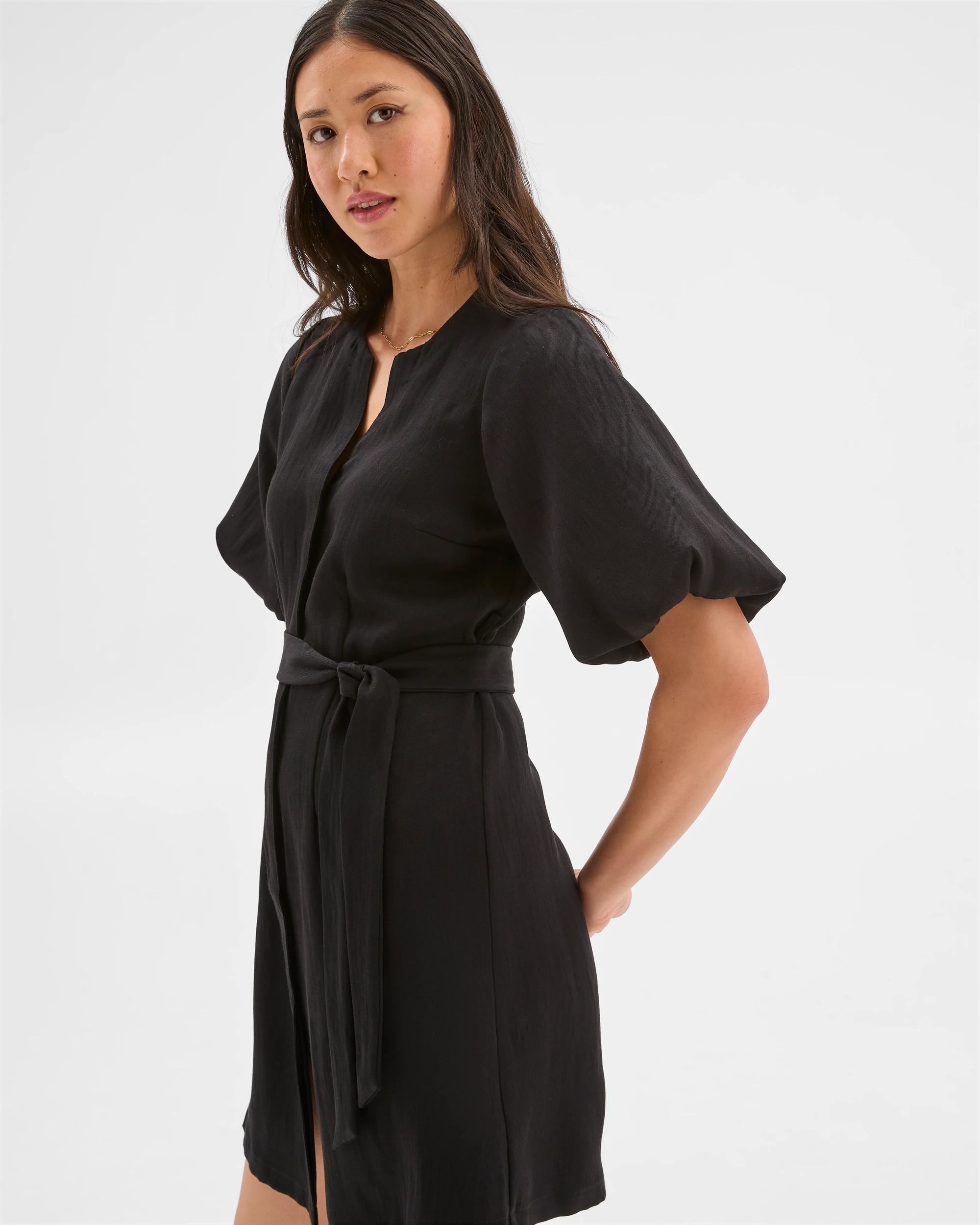 4 Puff Sleeve Mini Shirt Dress - Preview BLACK, 4 of 5