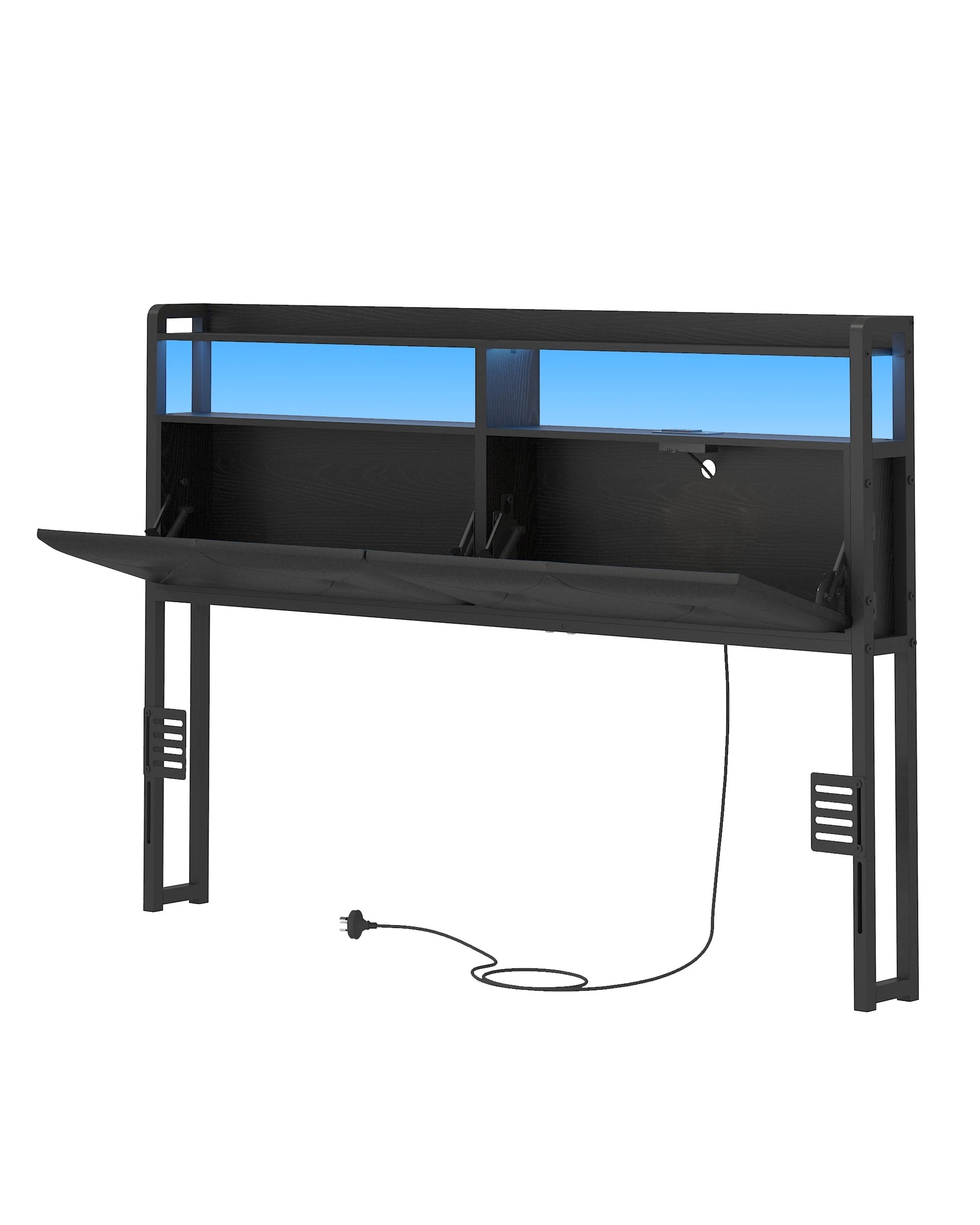 6 Advwin Double Size Headboard with LED Light Charging Station Hidden Storage PU Upholstered - Black, 6 of 8