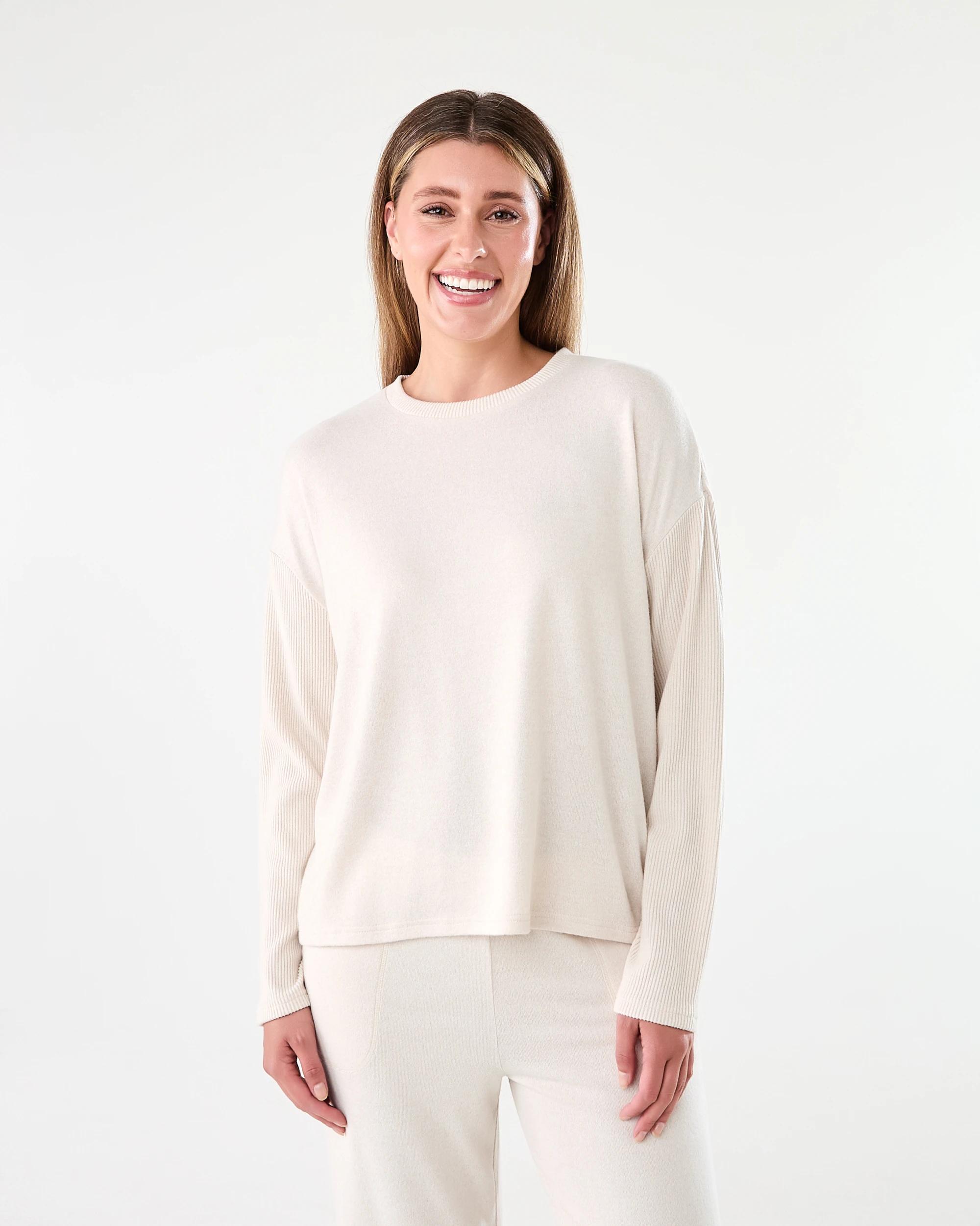 1 Super Soft Rib Sleeve Lounge Top Marled Oat, 1 of 8