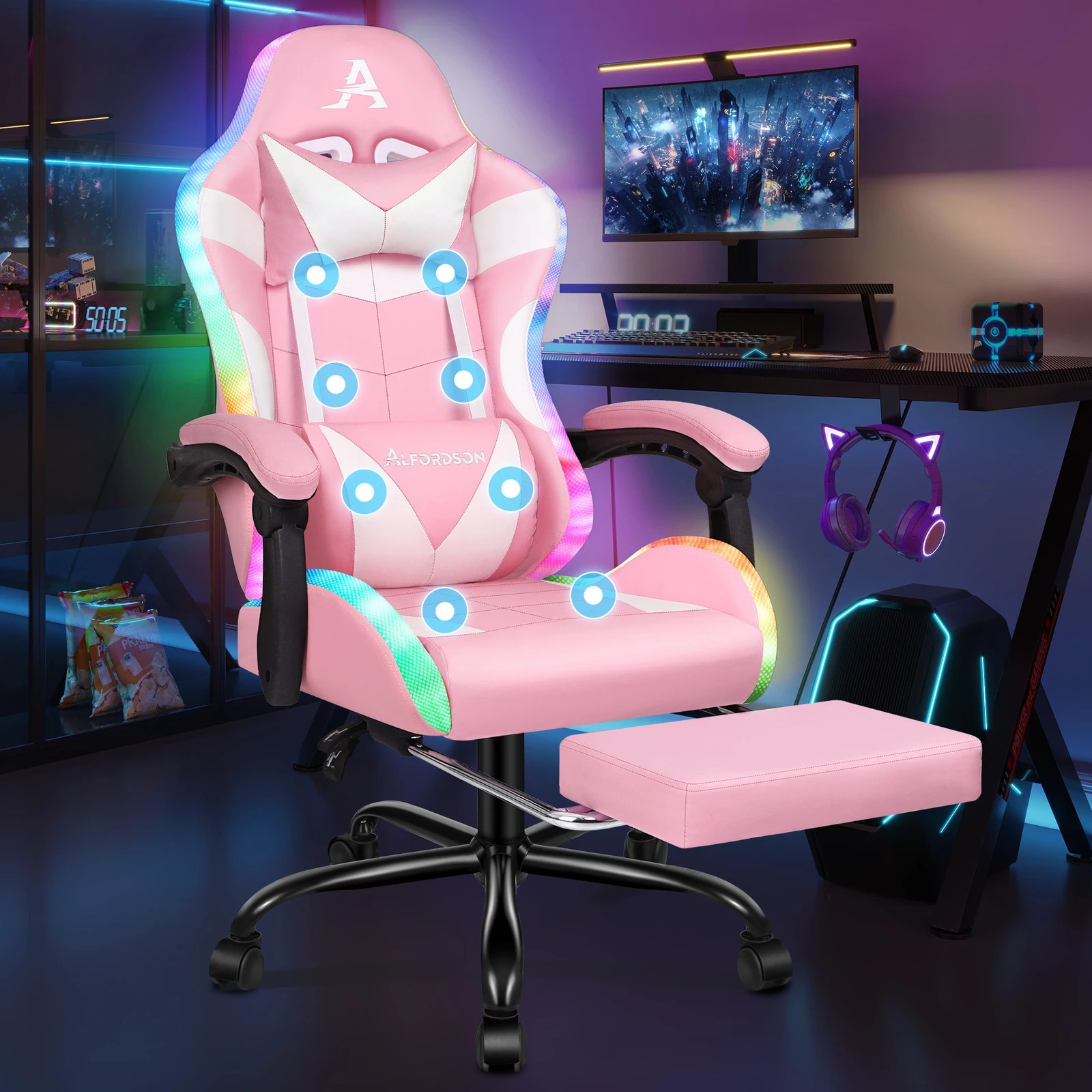 2 Alfordson Gaming Chair Office Massage 12 RGB LED Computer Seat PU Leather - Pink, 2 of 10