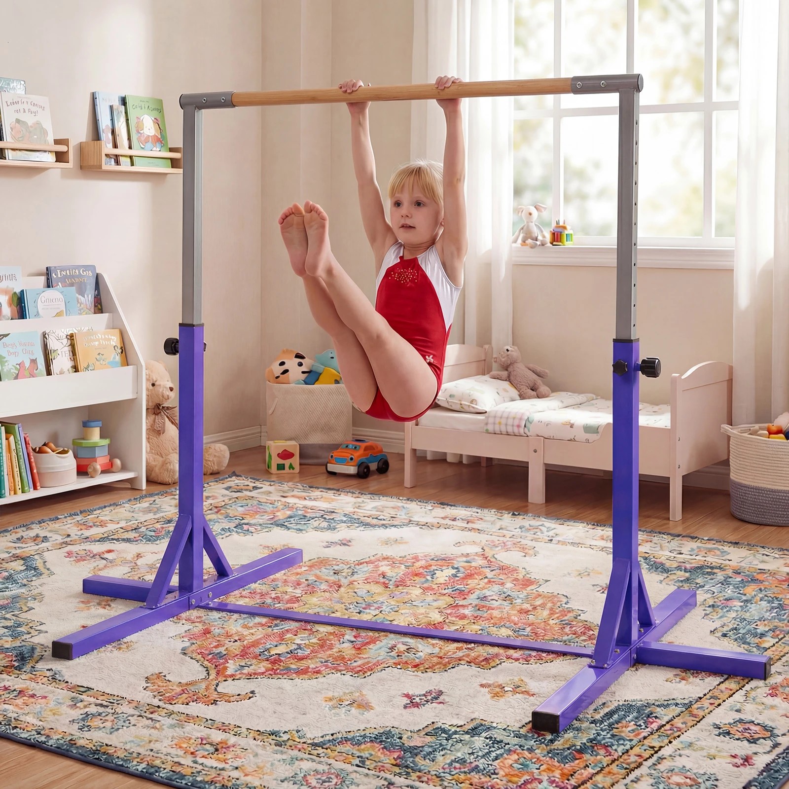 3 Costway Gymnastics Bar Adjustable Horizontal Kip Bar 12-Level Adjustable Home Gym Equipment - Purple, 3 of 4