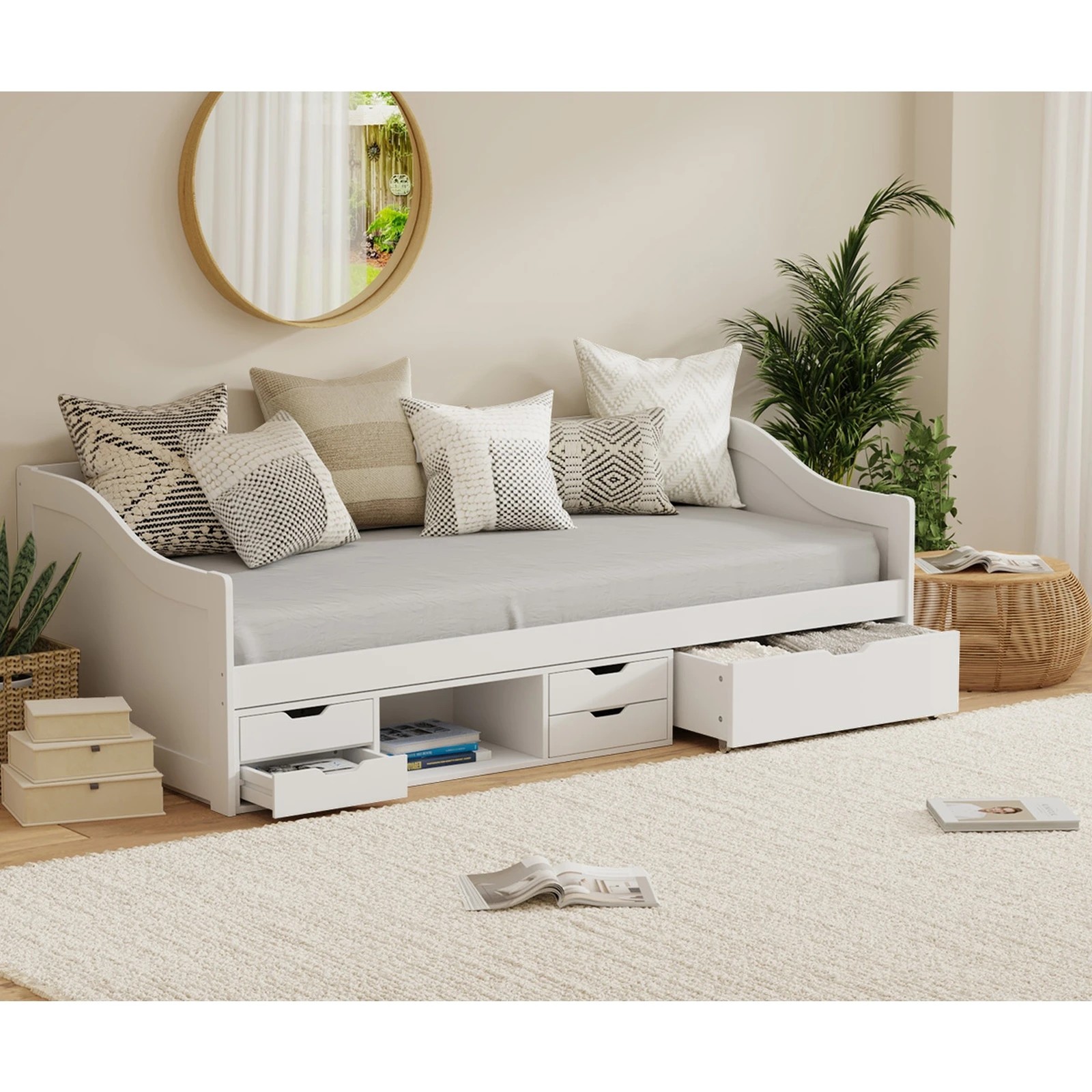 9 Oikiture Kids Bed Frame Single Daybed With Trundle Storage Drawers Timber
 - White, 9 of 10