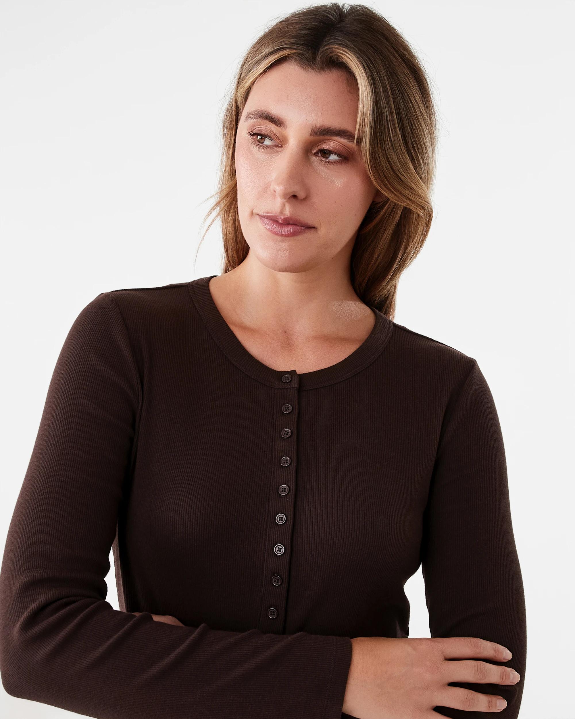 4 Long Sleeve Rib Henley Top Melt Brown, 4 of 7