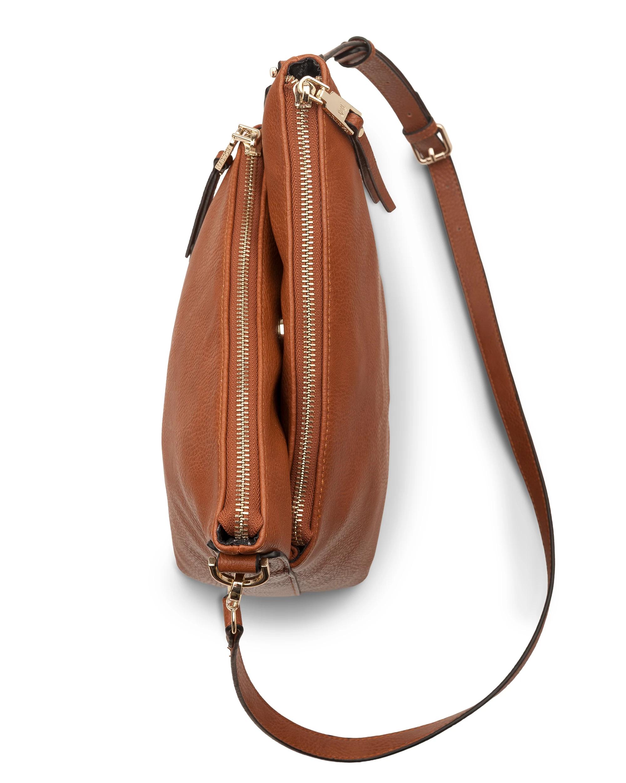 5 Madison Accessories Maya Medium Double Zip Sling Crossbody Bag DK TAN LT GOLD, 5 of 9
